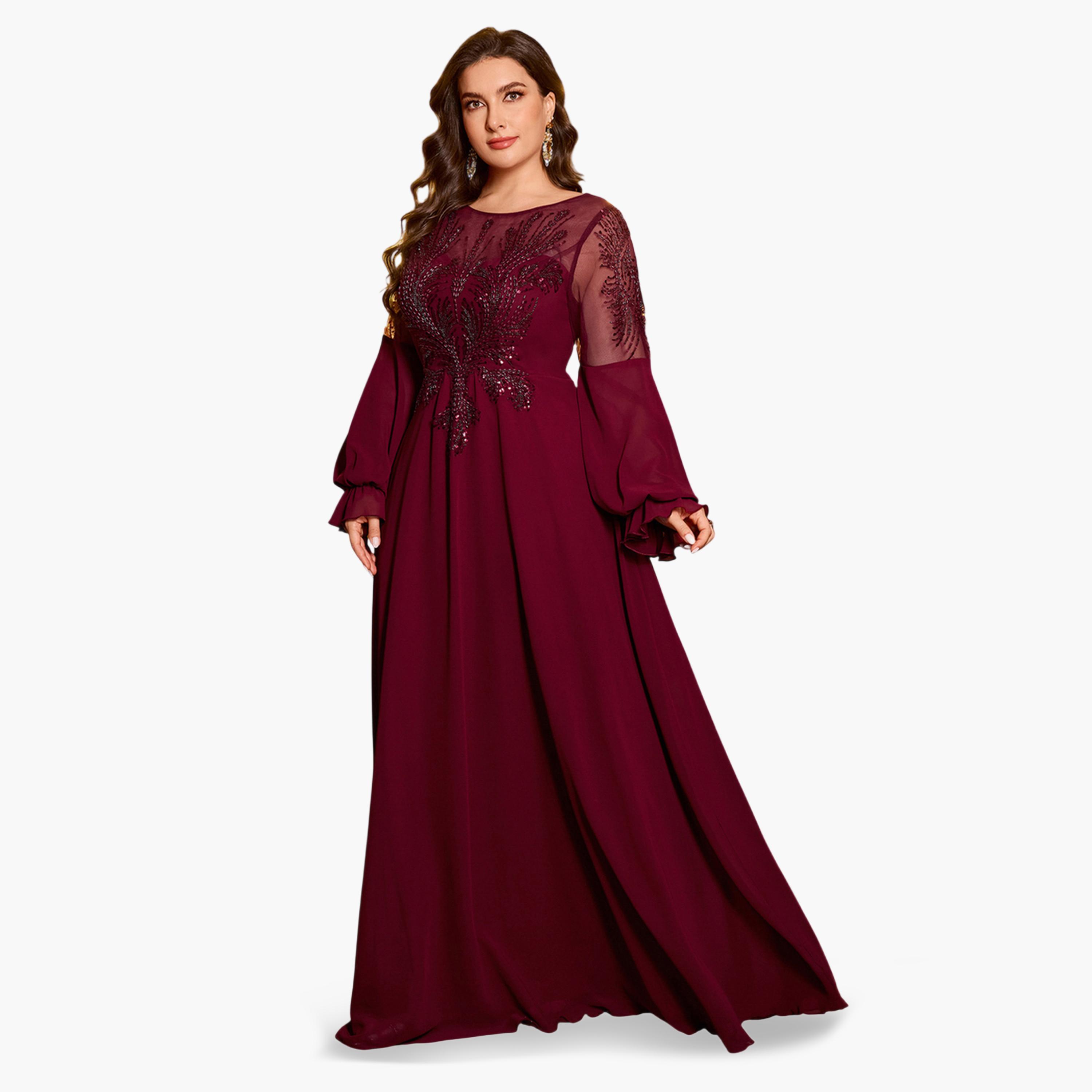 فستان طويل بحافة واسعة وأكمام شيفون ومزين بمقاس كبير-women-clothing-dresses-image-6