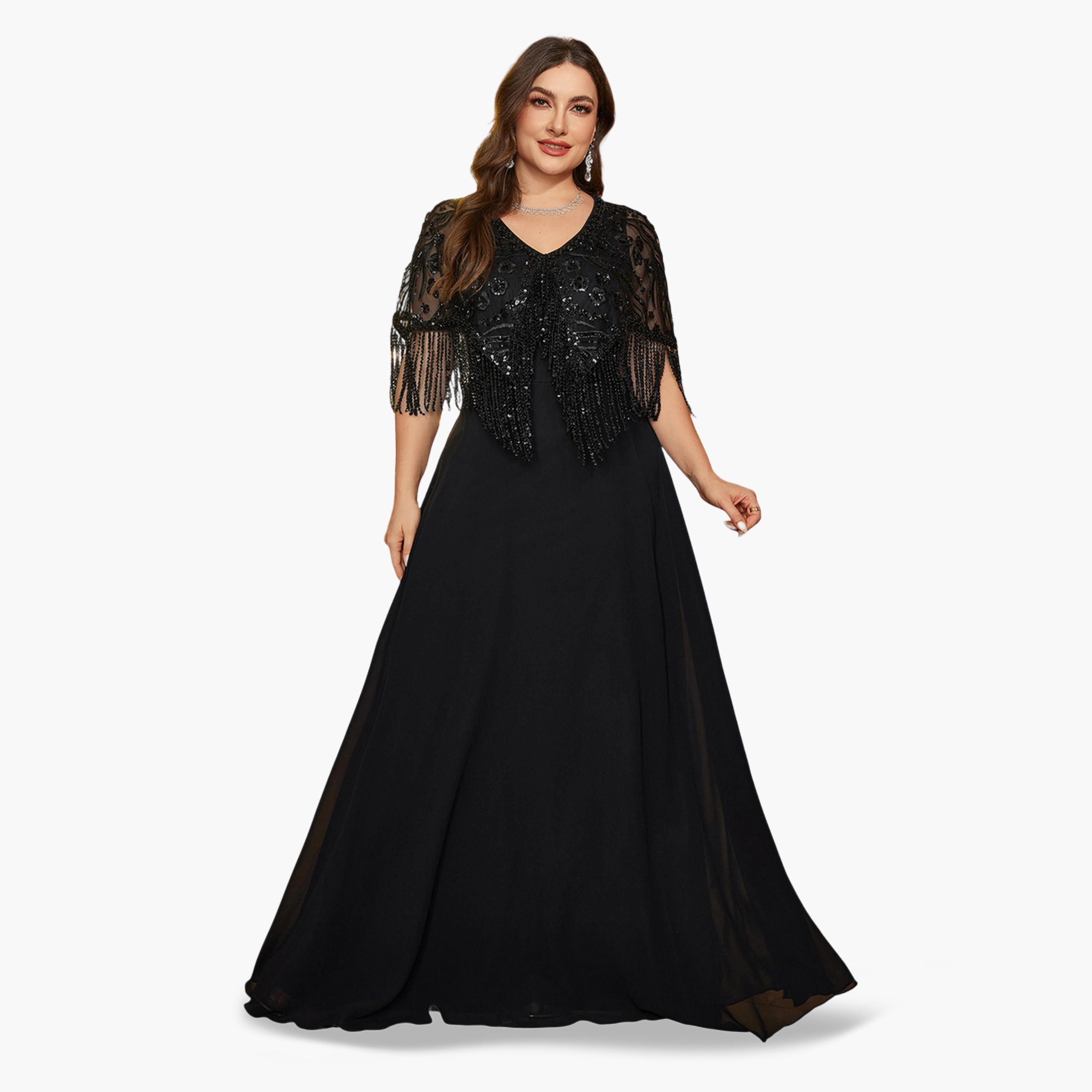 SUPGIR X Styli Plus Size Black Embellished A-Line Maxi Dress-women-clothing-dresses-image-1