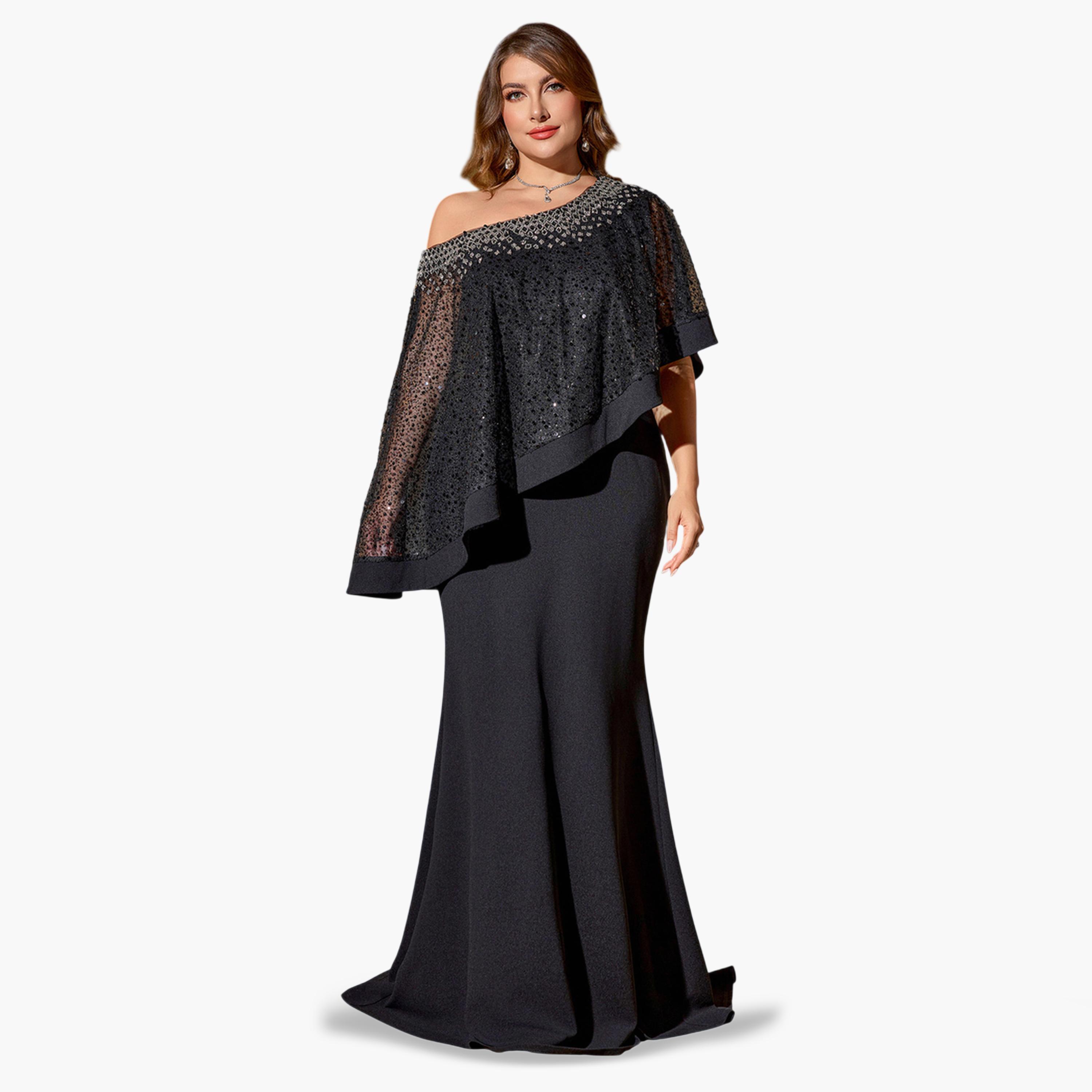 SUPGIR X Styli Plus Size Black Embellished Cape Sleeve Maxi Dress-women-clothing-dresses-image-1