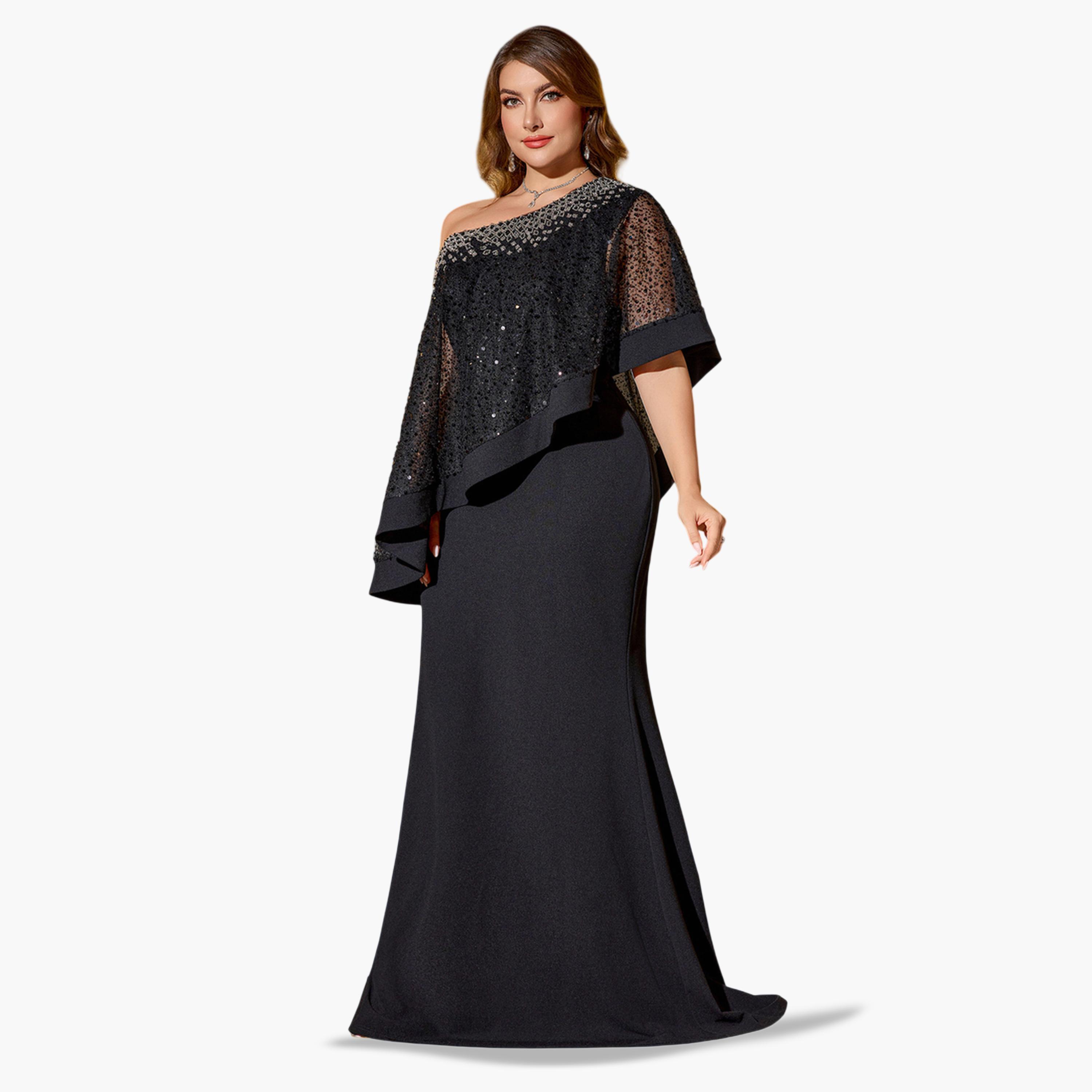 SUPGIR X Styli Plus Size Black Embellished Cape Sleeve Maxi Dress-women-clothing-dresses-image-2