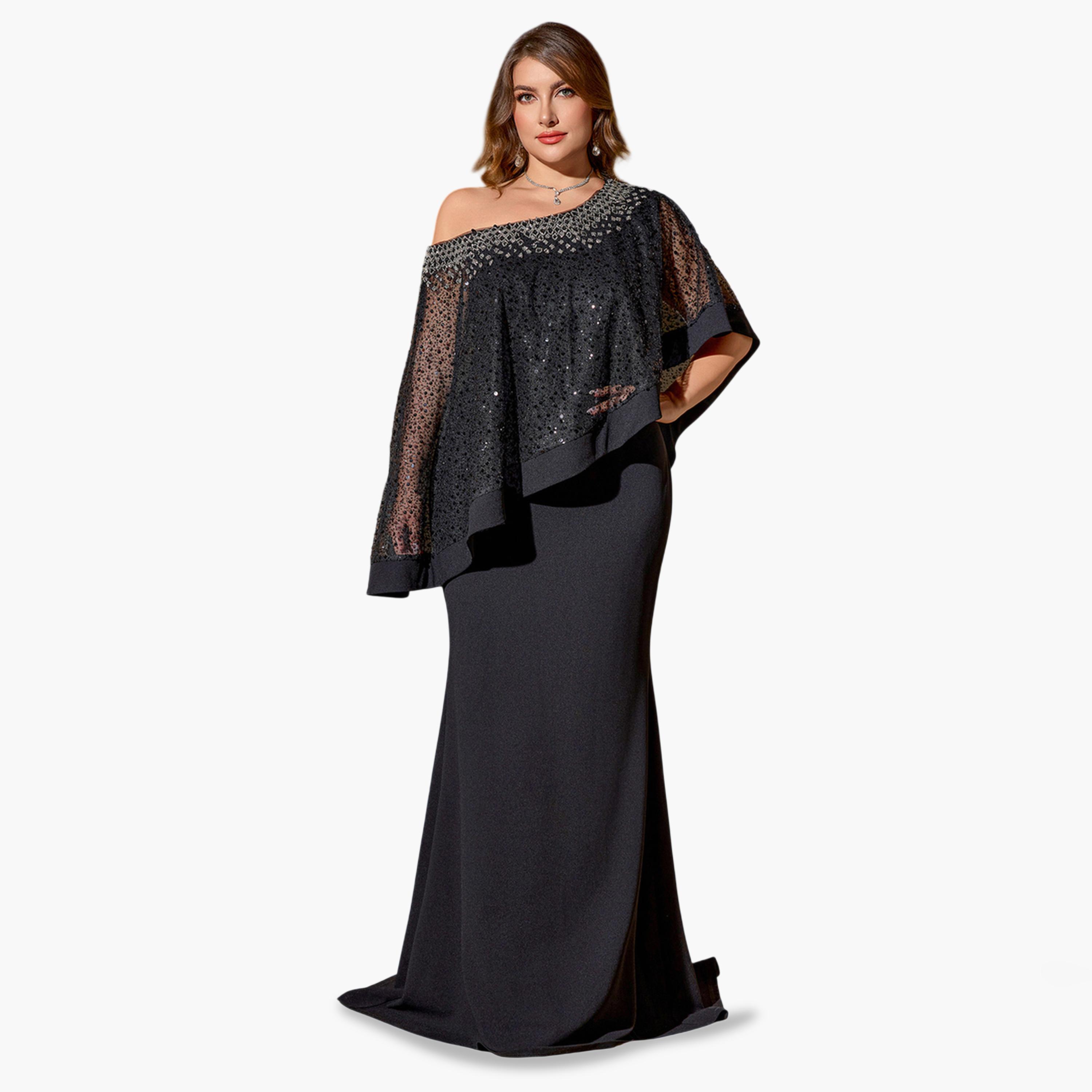 SUPGIR X Styli Plus Size Black Embellished Cape Sleeve Maxi Dress-women-clothing-dresses-image-3