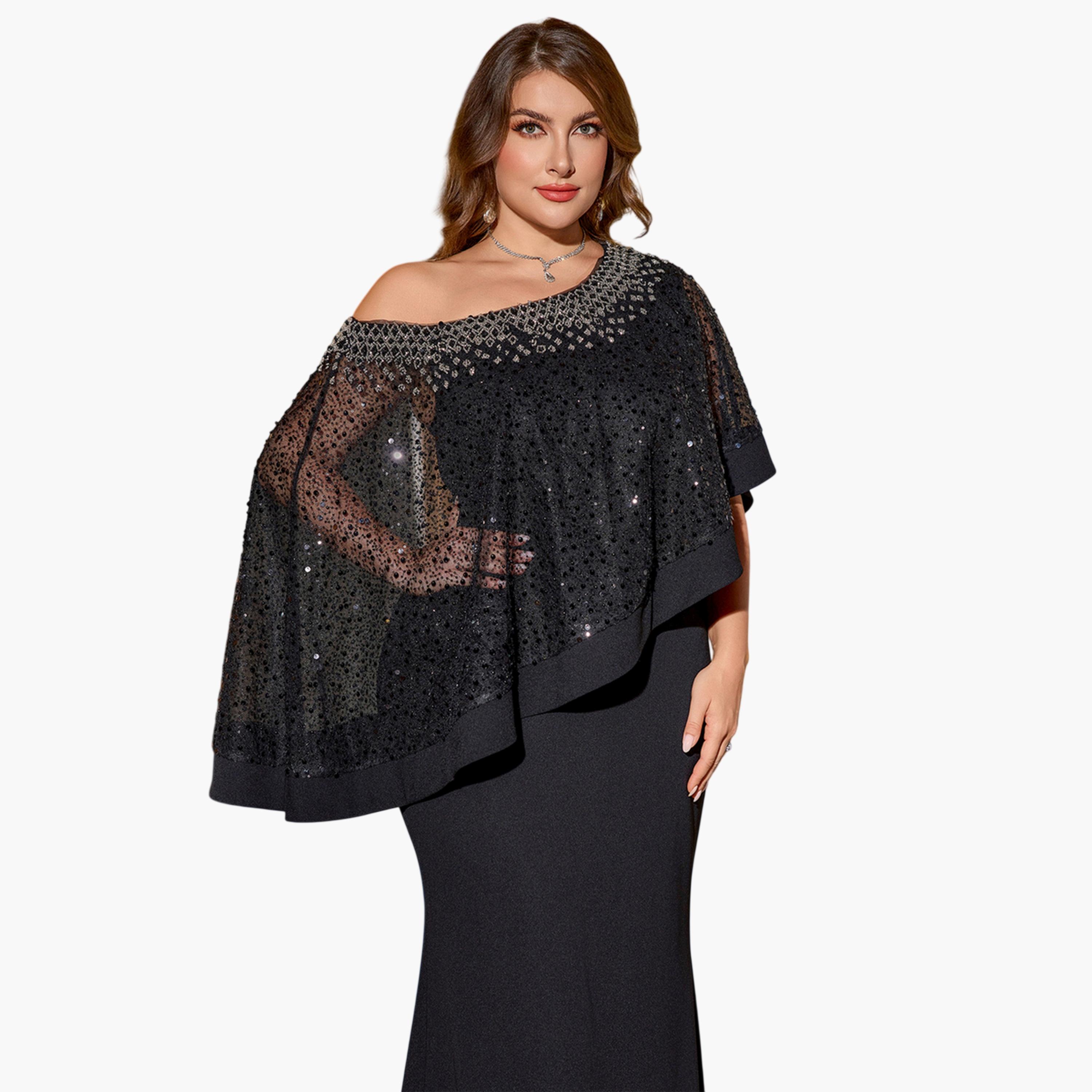 SUPGIR X Styli Plus Size Black Embellished Cape Sleeve Maxi Dress-women-clothing-dresses-image-4