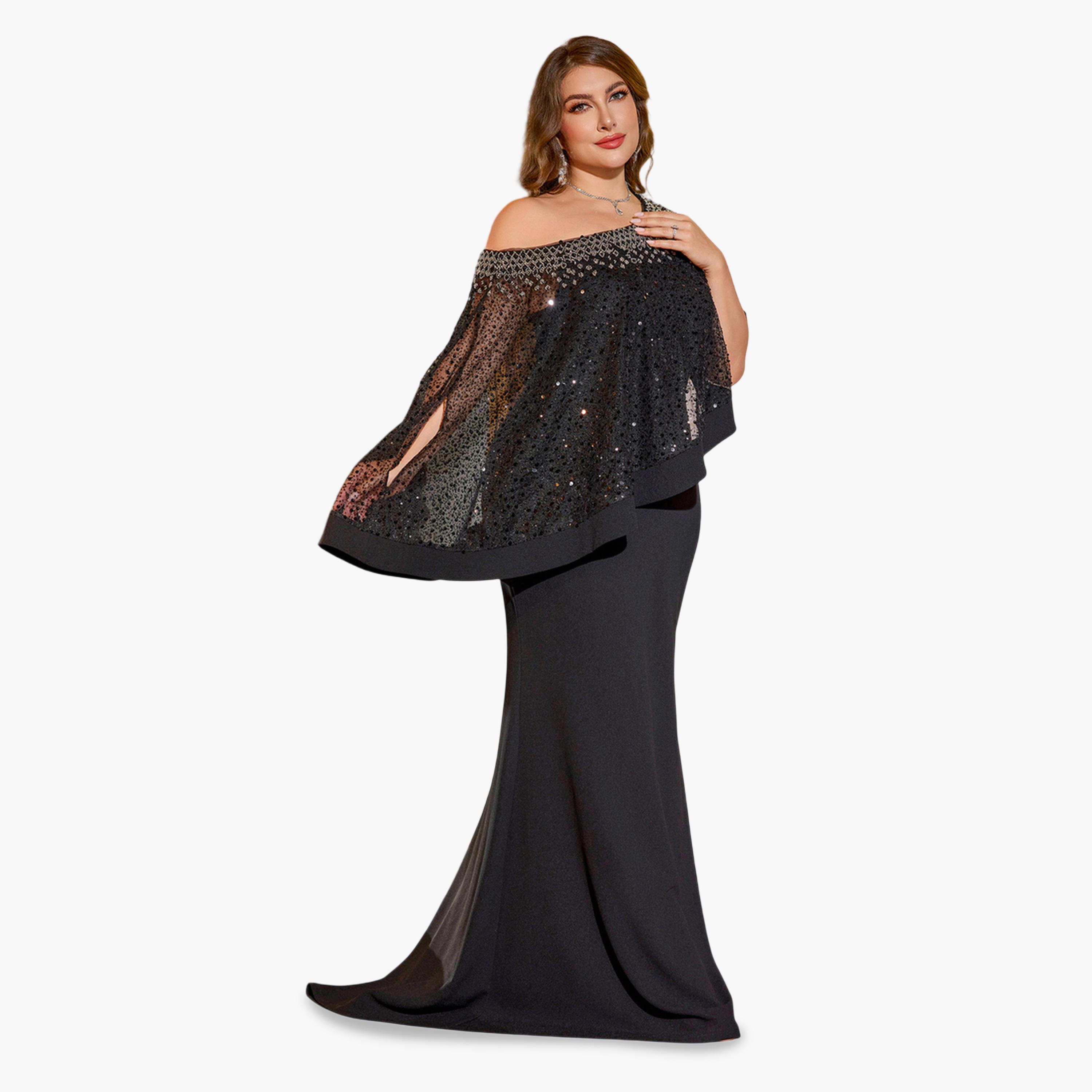 SUPGIR X Styli Plus Size Black Embellished Cape Sleeve Maxi Dress-women-clothing-dresses-image-5