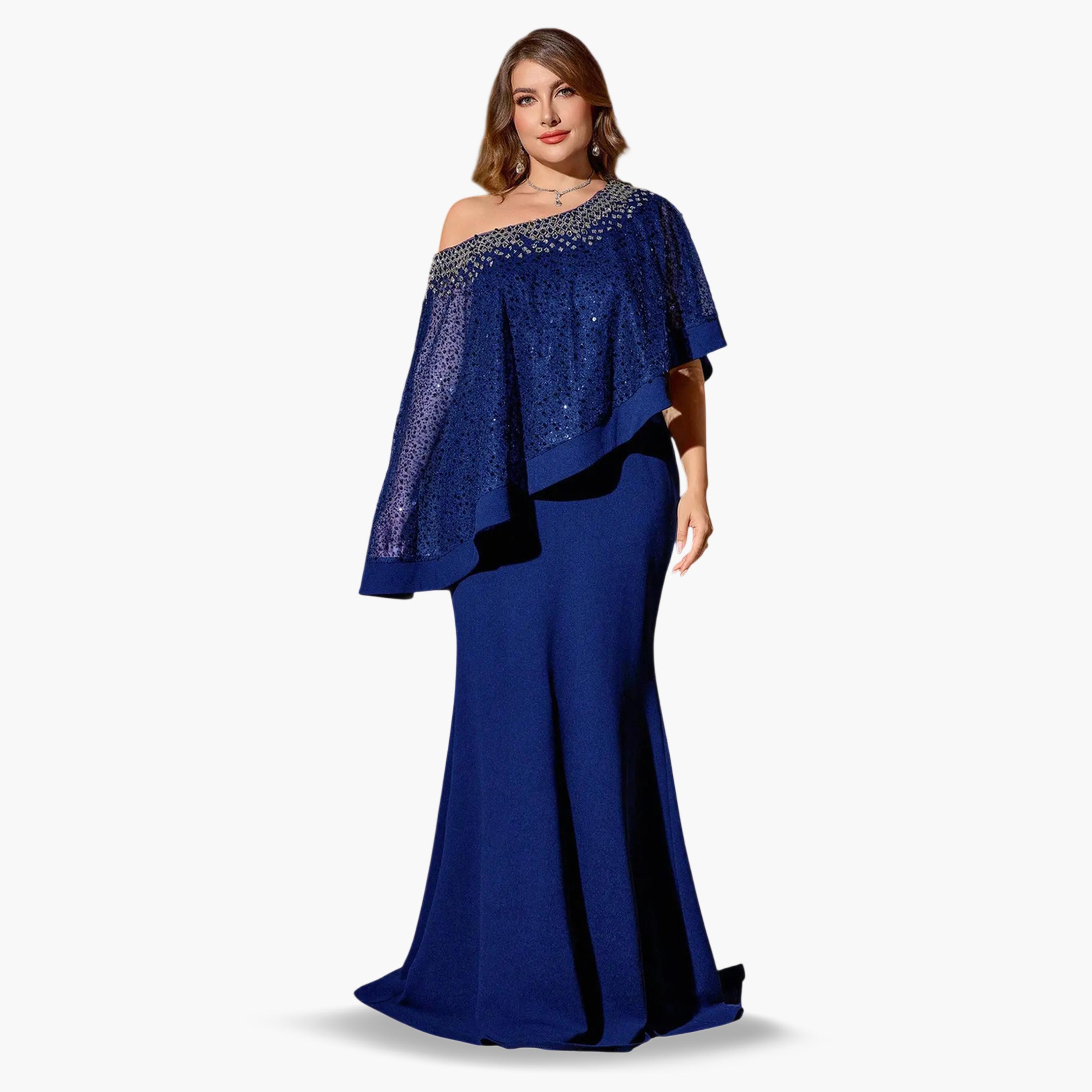 فستان طويل بقصة حورية البحر ومقاس كبير أزرق داكن بكتف مطرز بالخرز-women-clothing-dresses-image-1
