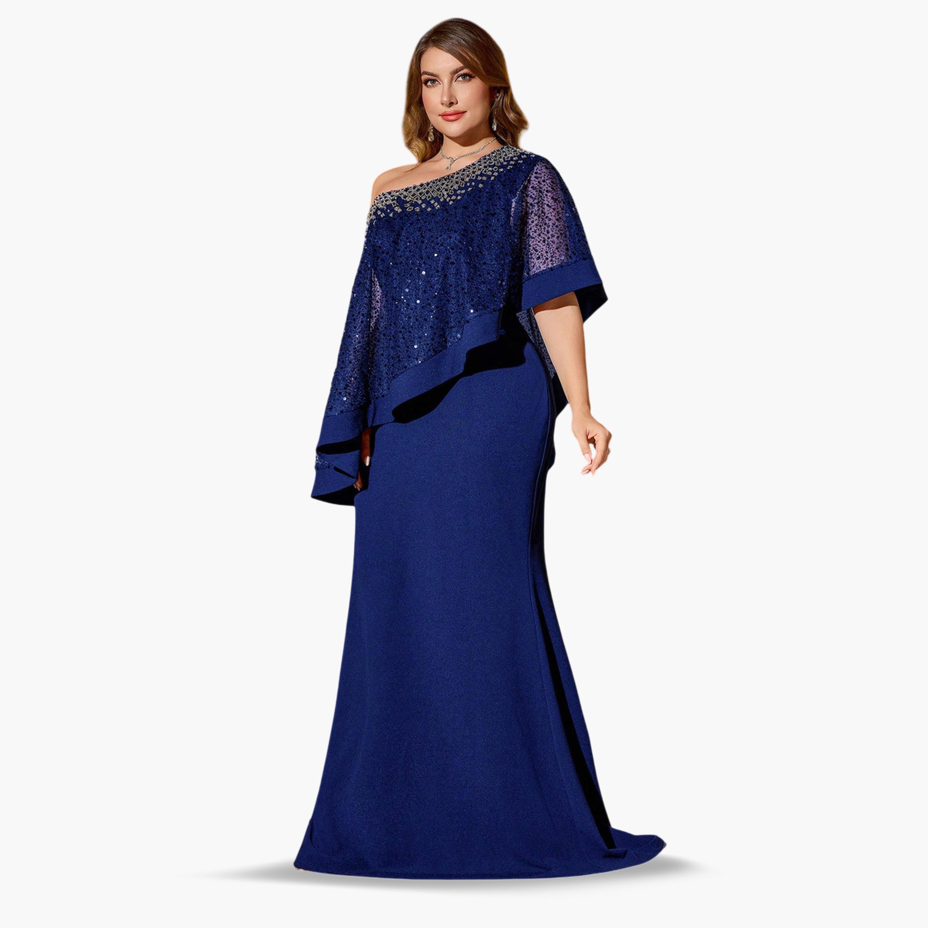 فستان طويل بقصة حورية البحر ومقاس كبير أزرق داكن بكتف مطرز بالخرز-women-clothing-dresses-image-2