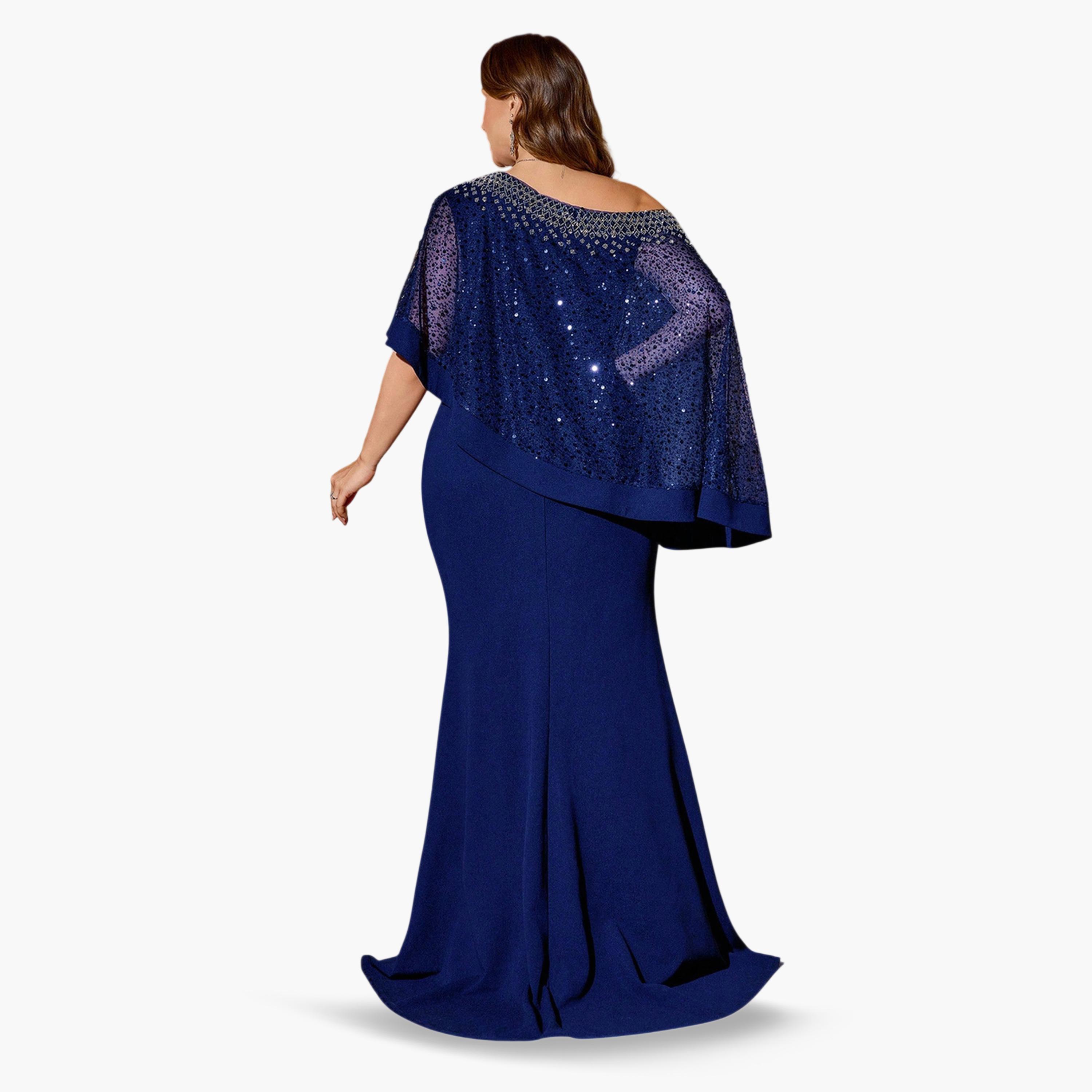 فستان طويل بقصة حورية البحر ومقاس كبير أزرق داكن بكتف مطرز بالخرز-women-clothing-dresses-image-3