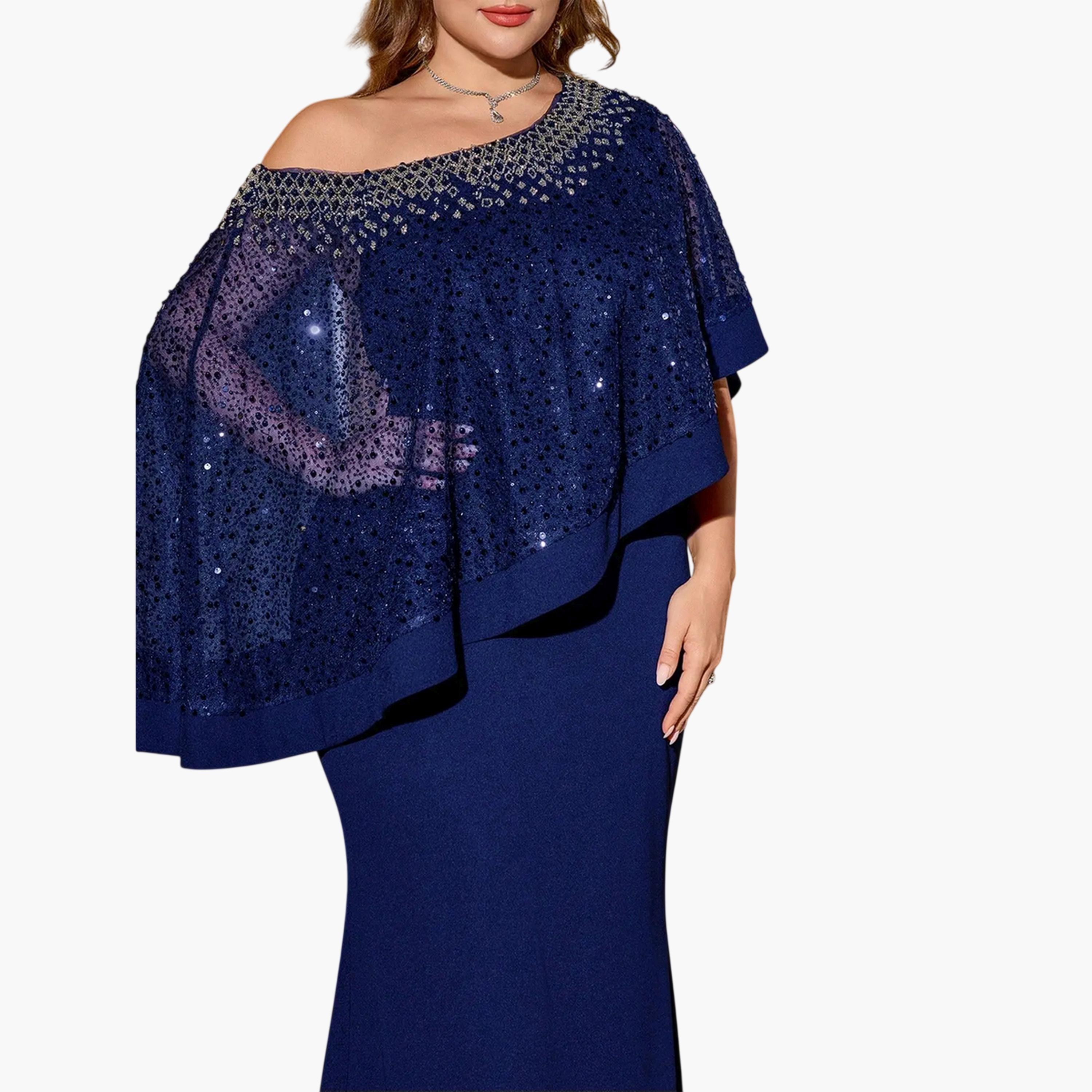 فستان طويل بقصة حورية البحر ومقاس كبير أزرق داكن بكتف مطرز بالخرز-women-clothing-dresses-image-4