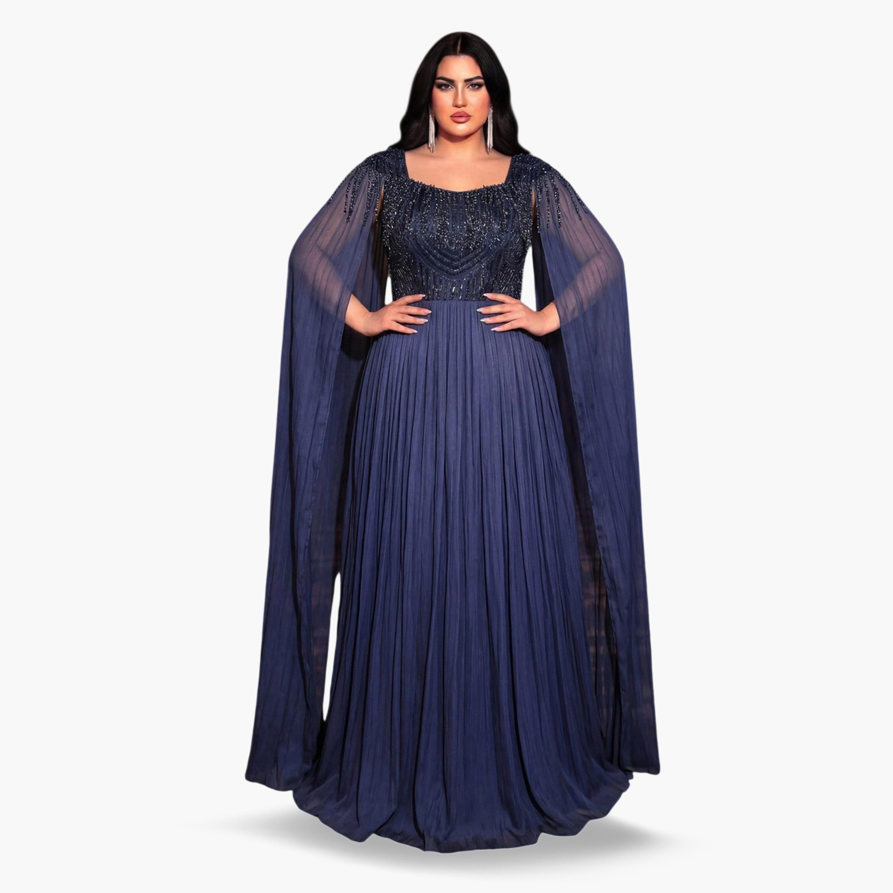 SUPGIR X Styli Plus Size Nave Blue Beads Embellished Cape Sleeves A-Line Maxi Dress-women-clothing-dresses-image-1