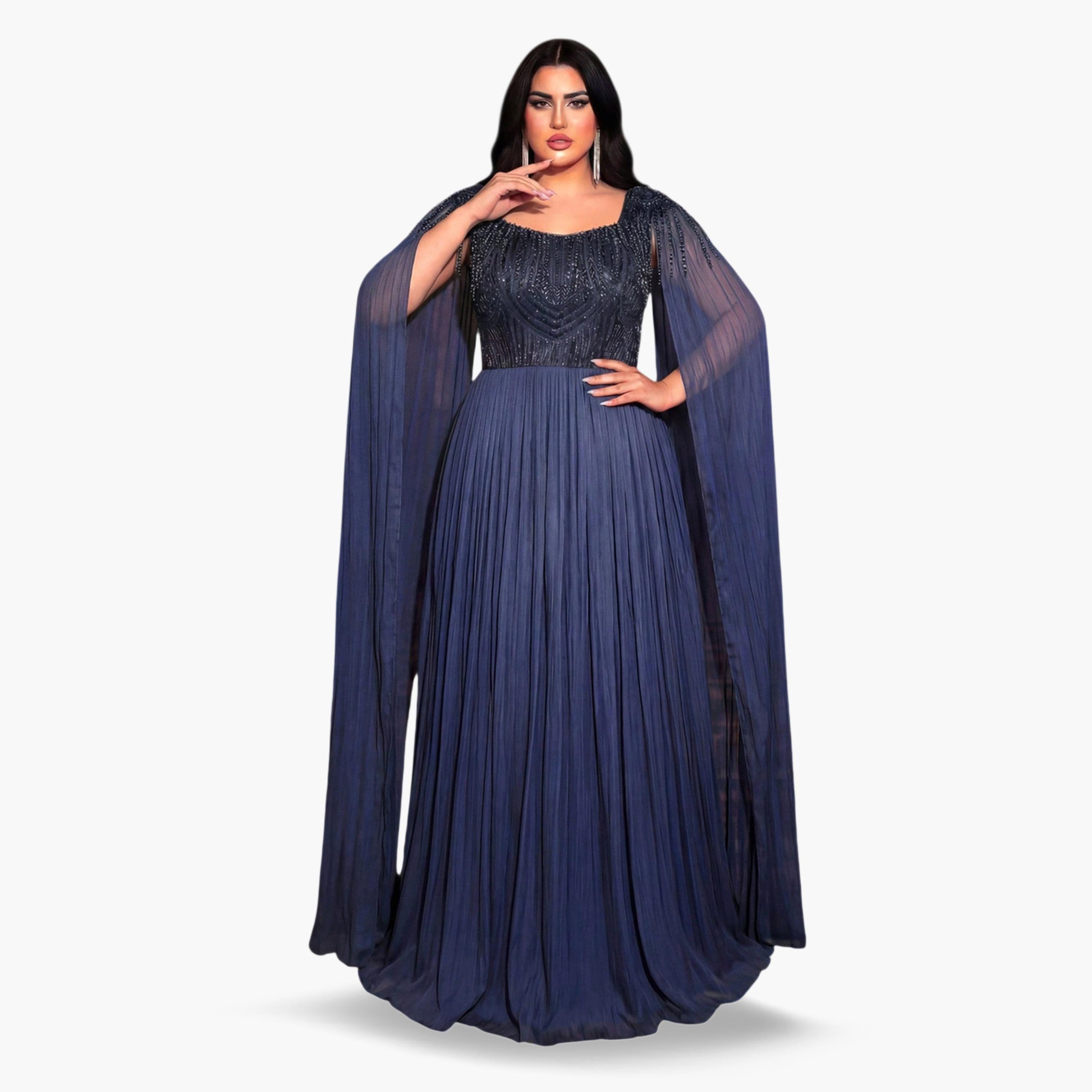 SUPGIR X Styli Plus Size Nave Blue Beads Embellished Cape Sleeves A-Line Maxi Dress-women-clothing-dresses-image-3