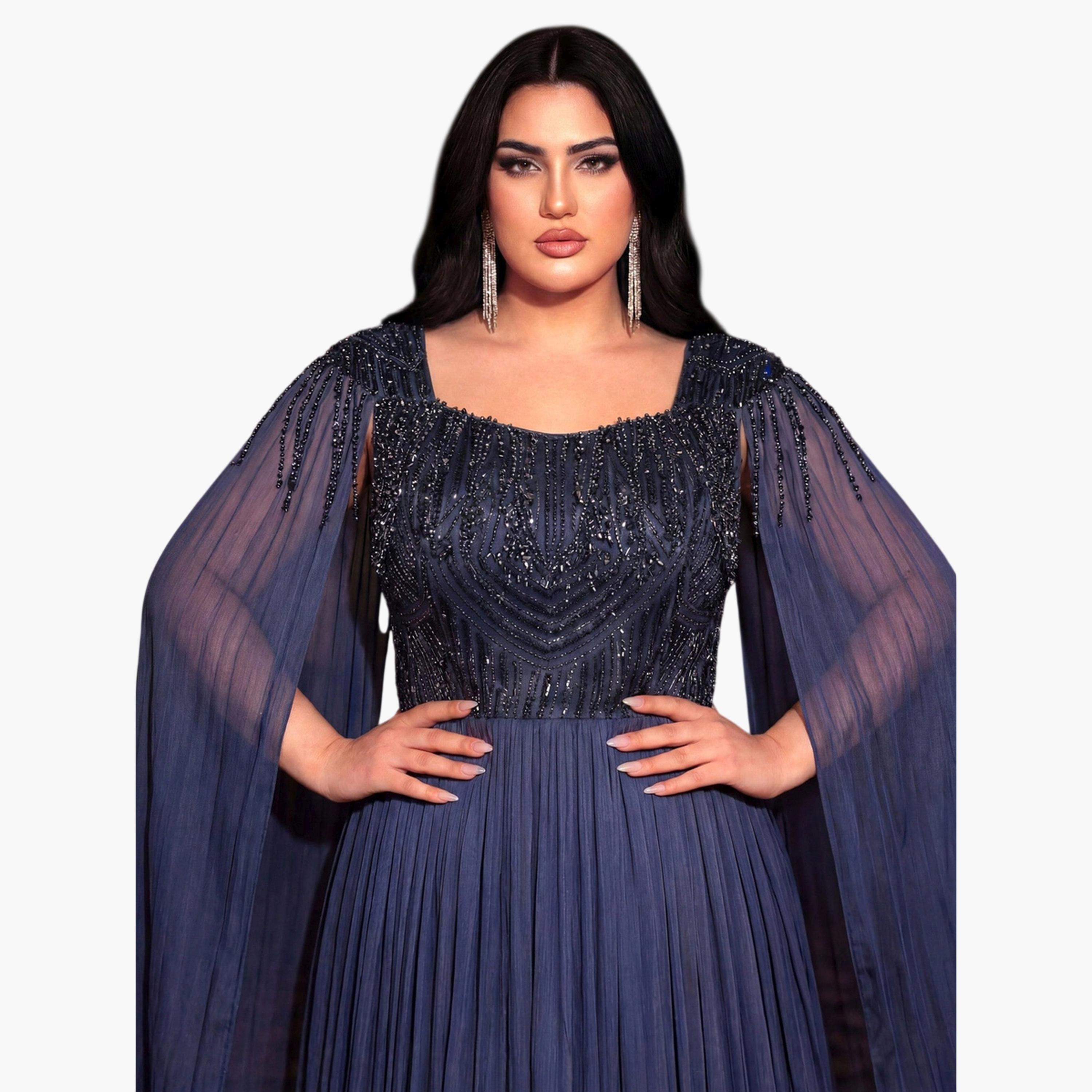 فستان طويل بحافة واسعة ومقاس كبير بأكمام كاب ومزين بالخرز-women-clothing-dresses-image-4