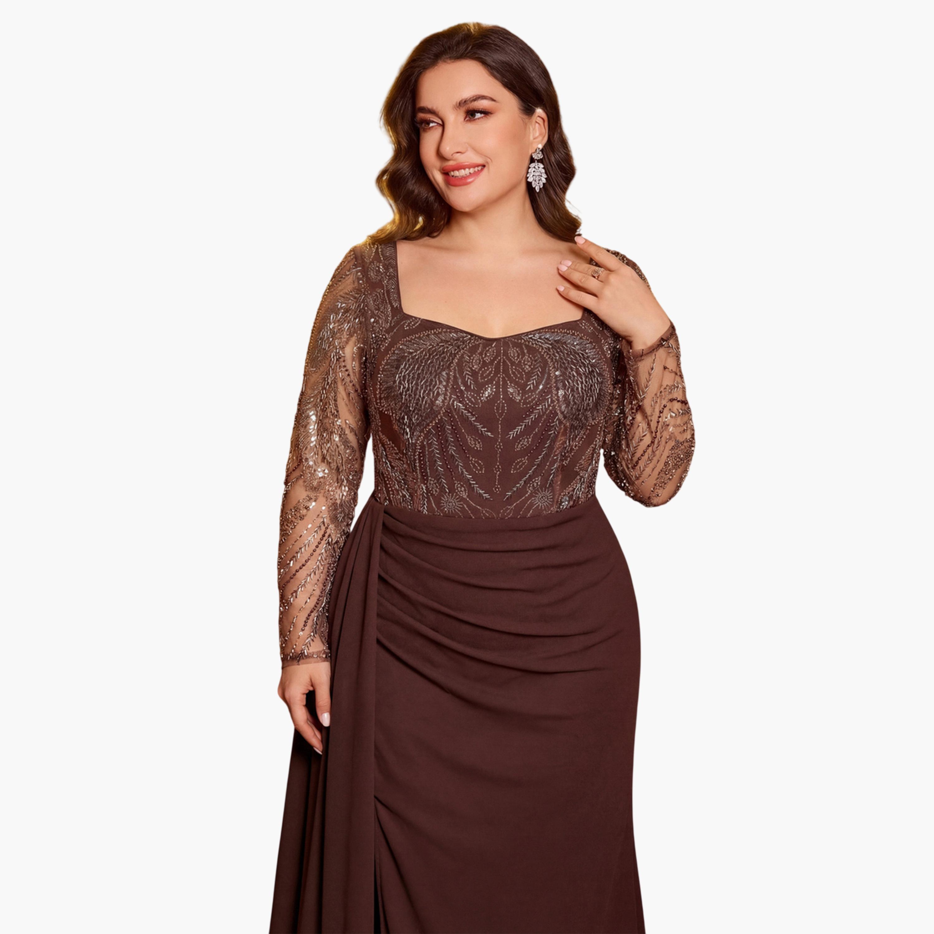 فستان طويل بياقة مربعة ومزين بمقاس كبير-women-clothing-dresses-image-2