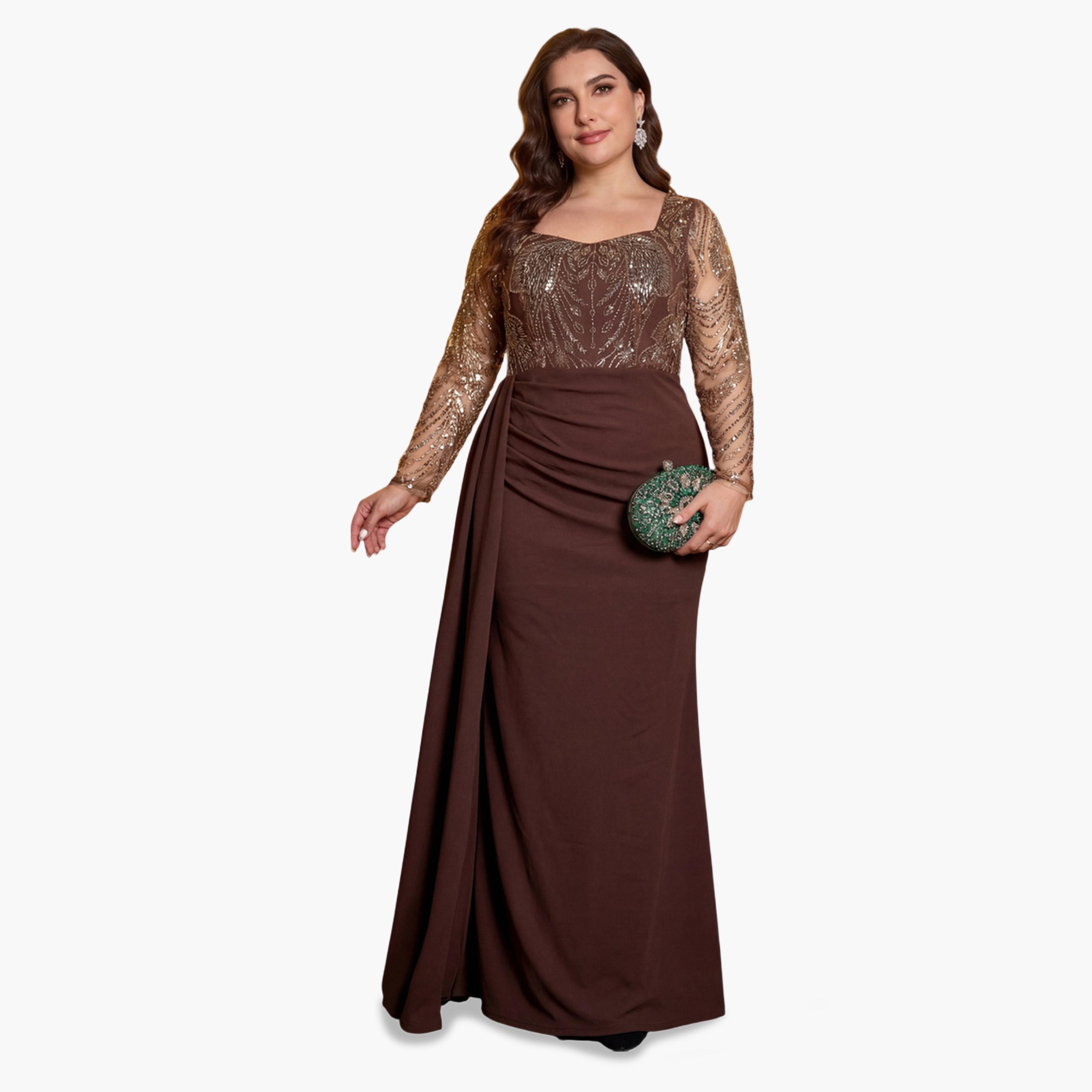 فستان طويل بياقة مربعة ومزين بمقاس كبير-women-clothing-dresses-image-5