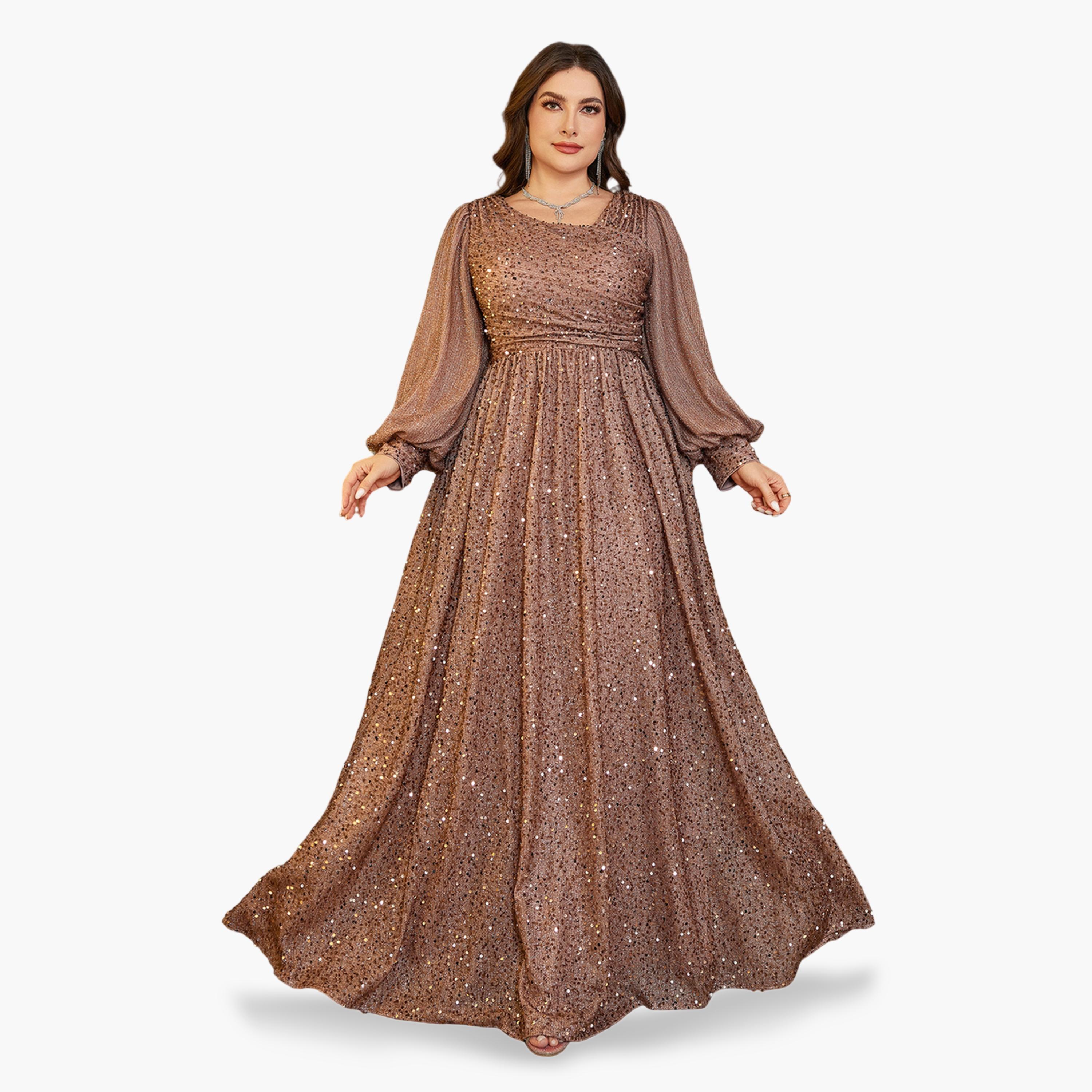 فستان طويل بني بني بحافة واسعة وتفاصيل ترتر بمقاس كبير-women-clothing-dresses-image-1