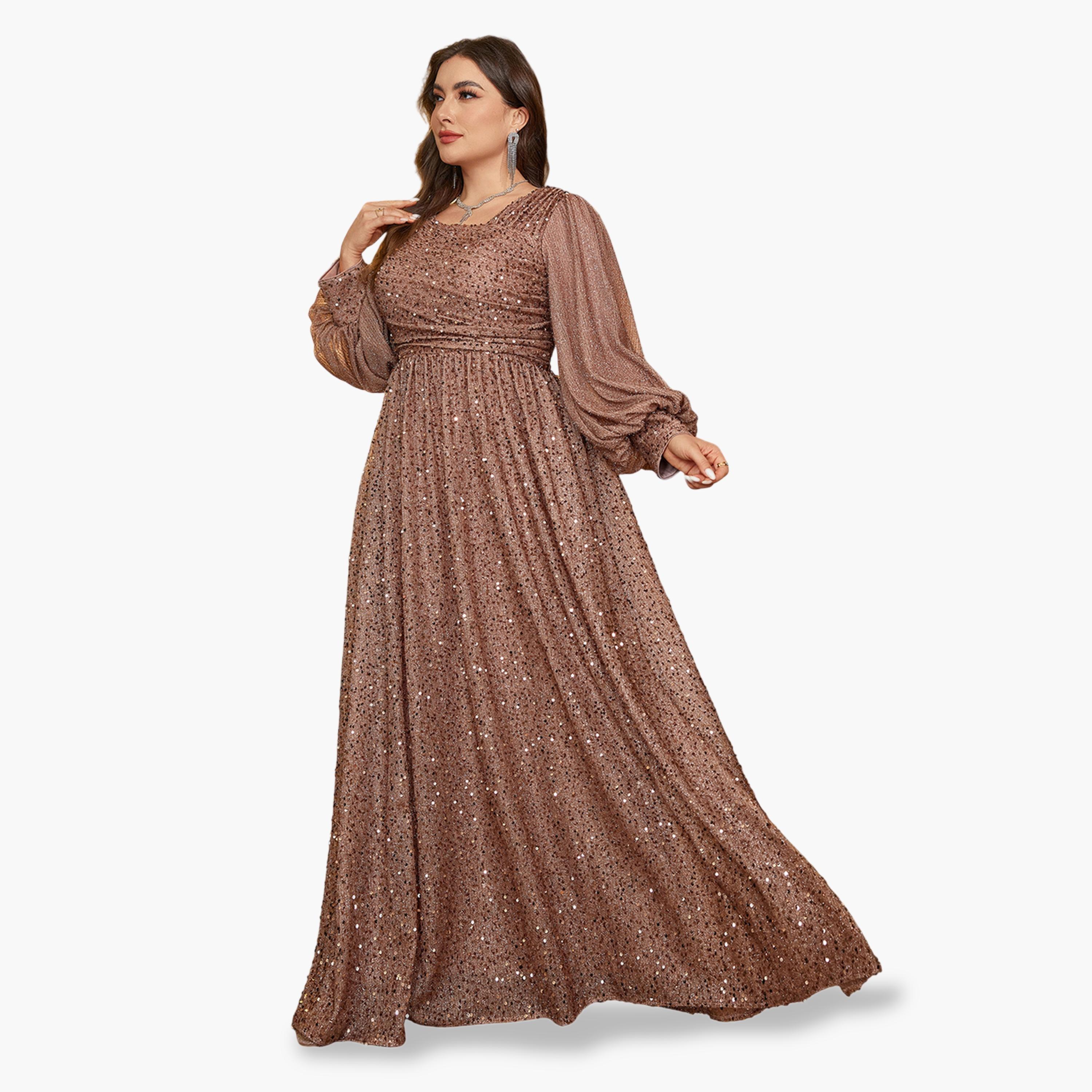 فستان طويل بني بني بحافة واسعة وتفاصيل ترتر بمقاس كبير-women-clothing-dresses-image-2