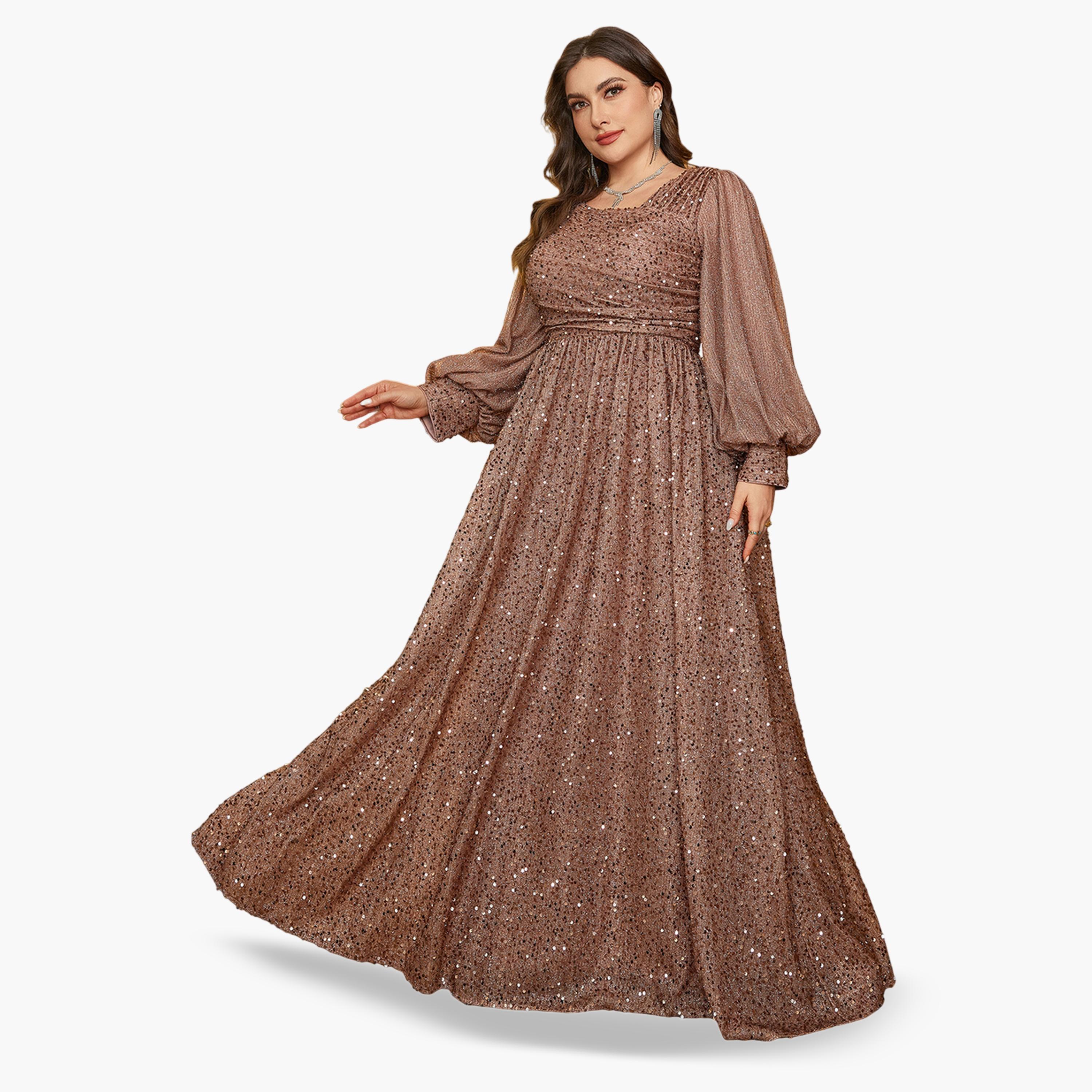 فستان طويل بني بني بحافة واسعة وتفاصيل ترتر بمقاس كبير-women-clothing-dresses-image-3