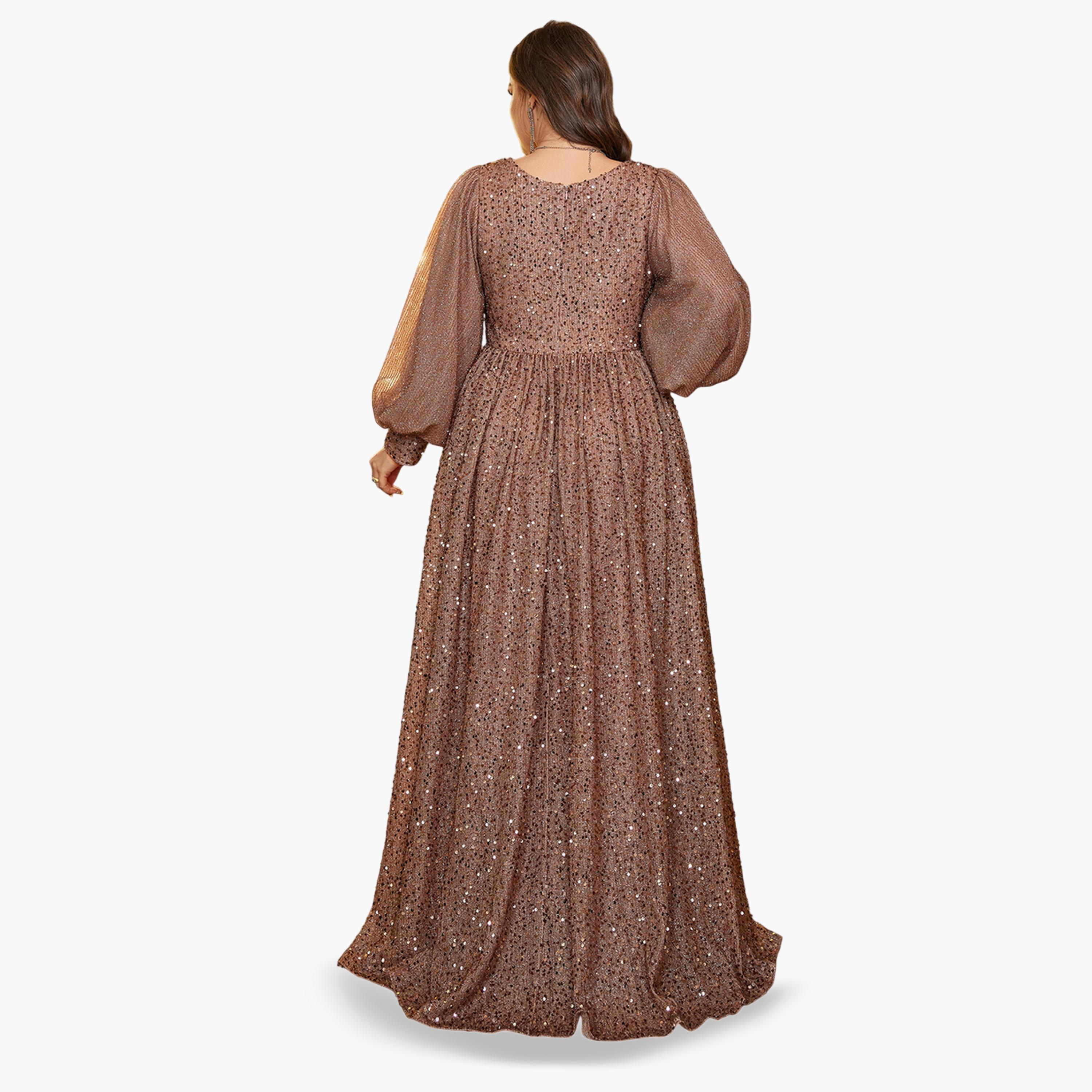 فستان طويل بني بني بحافة واسعة وتفاصيل ترتر بمقاس كبير-women-clothing-dresses-image-4