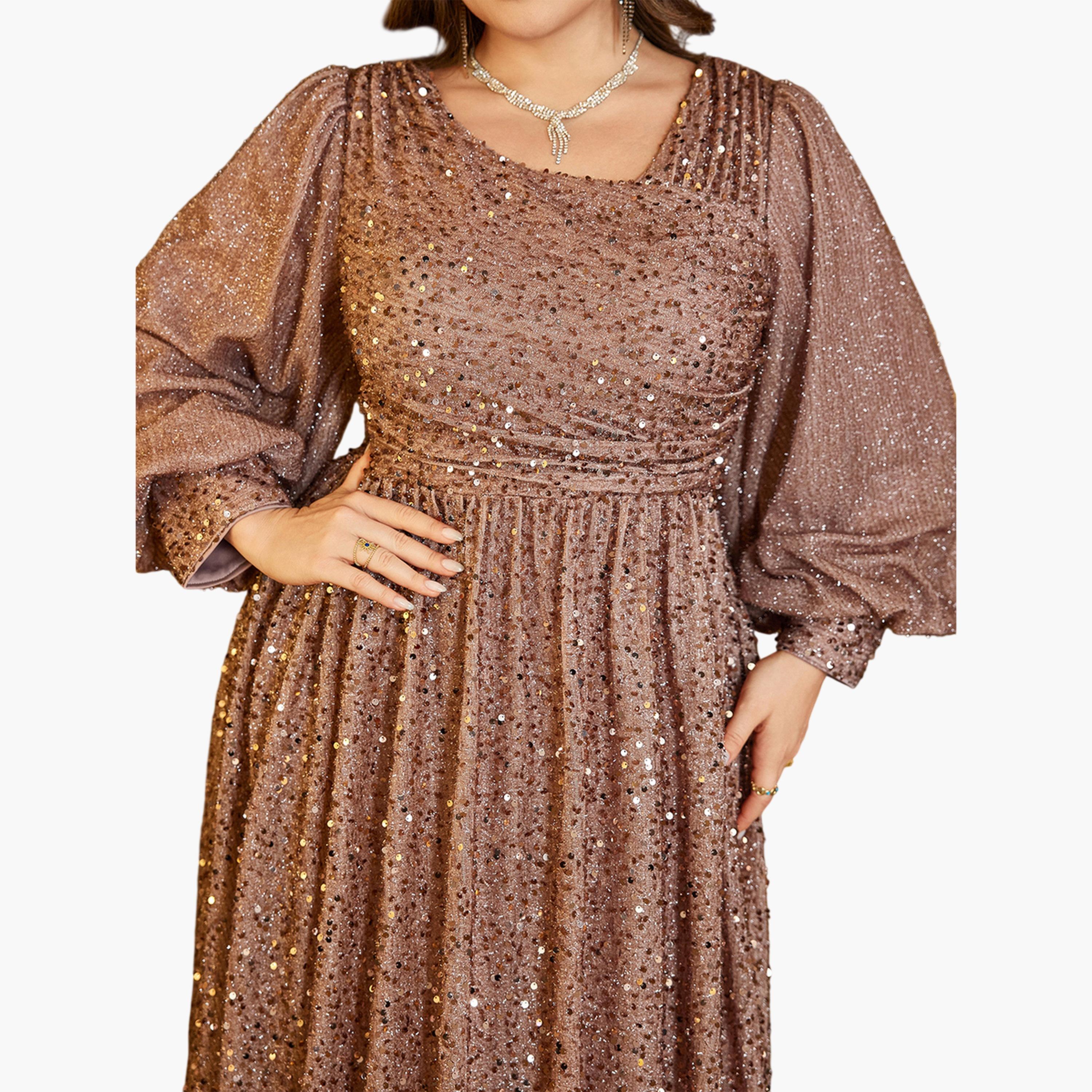 فستان طويل بني بني بحافة واسعة وتفاصيل ترتر بمقاس كبير-women-clothing-dresses-image-6