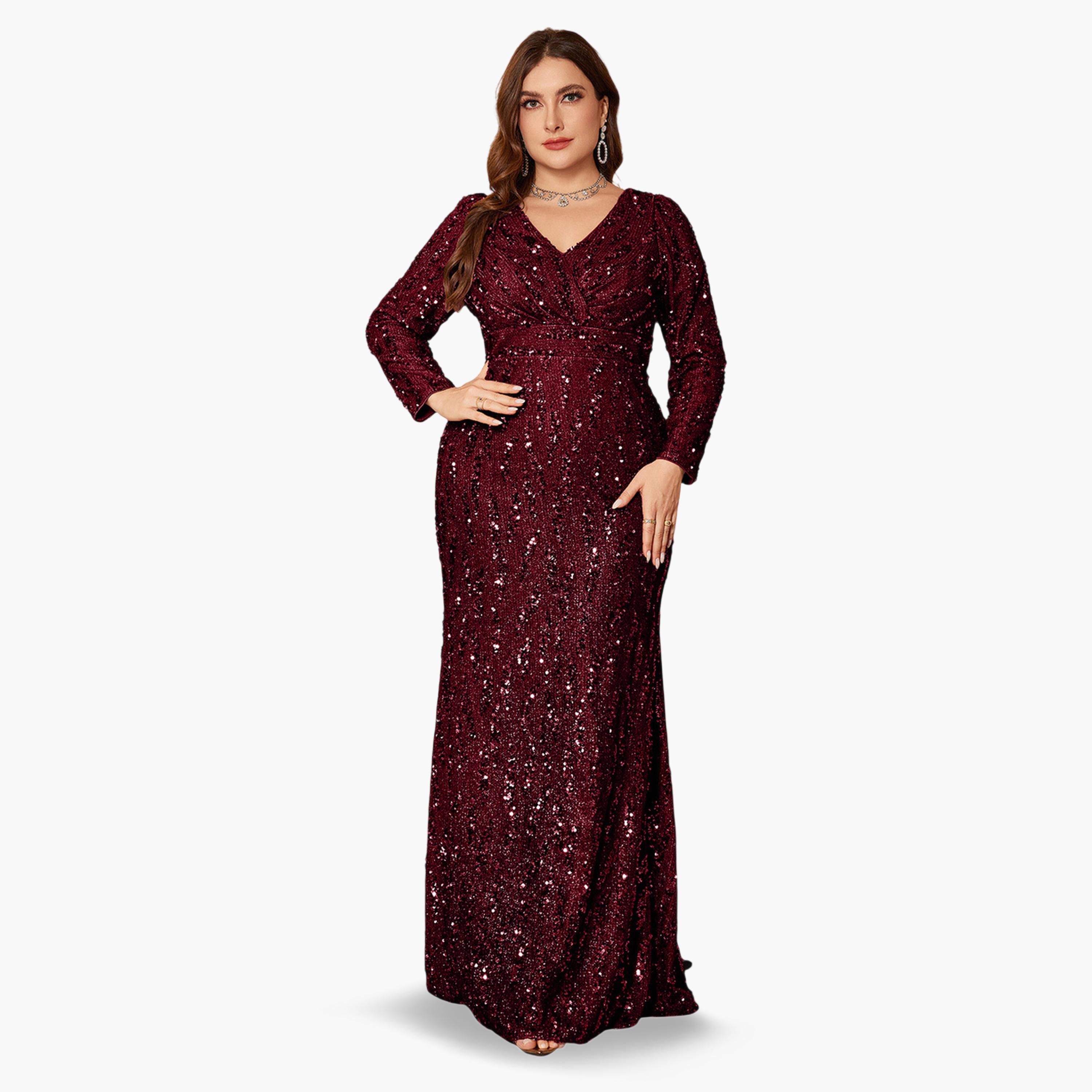 UNITHORSE X Styli Plus Size Burgundy Sequin Long Sleeves A-Line Maxi Dress-women-clothing-dresses-image-1