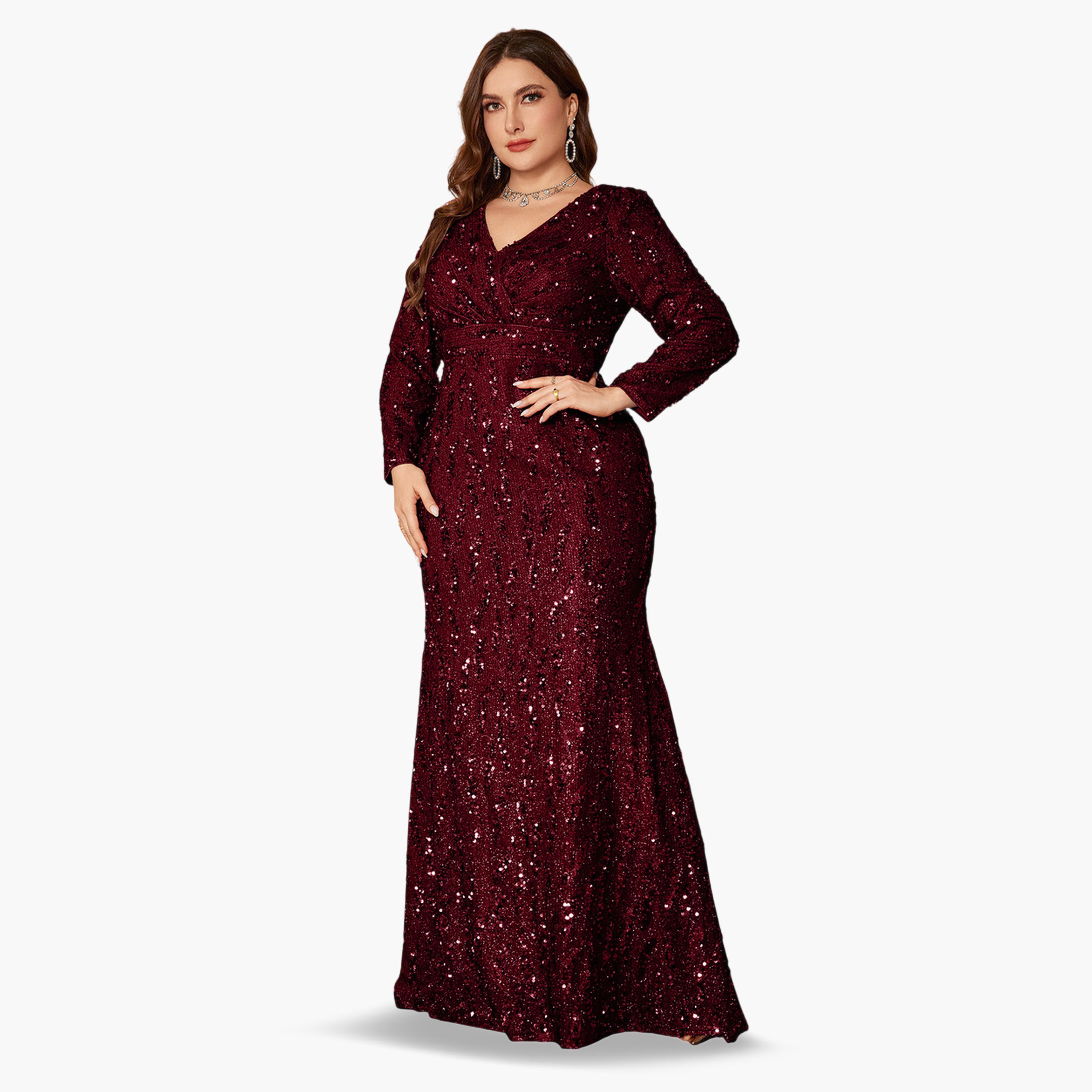 UNITHORSE X Styli Plus Size Burgundy Sequin Long Sleeves A-Line Maxi Dress-women-clothing-dresses-image-2