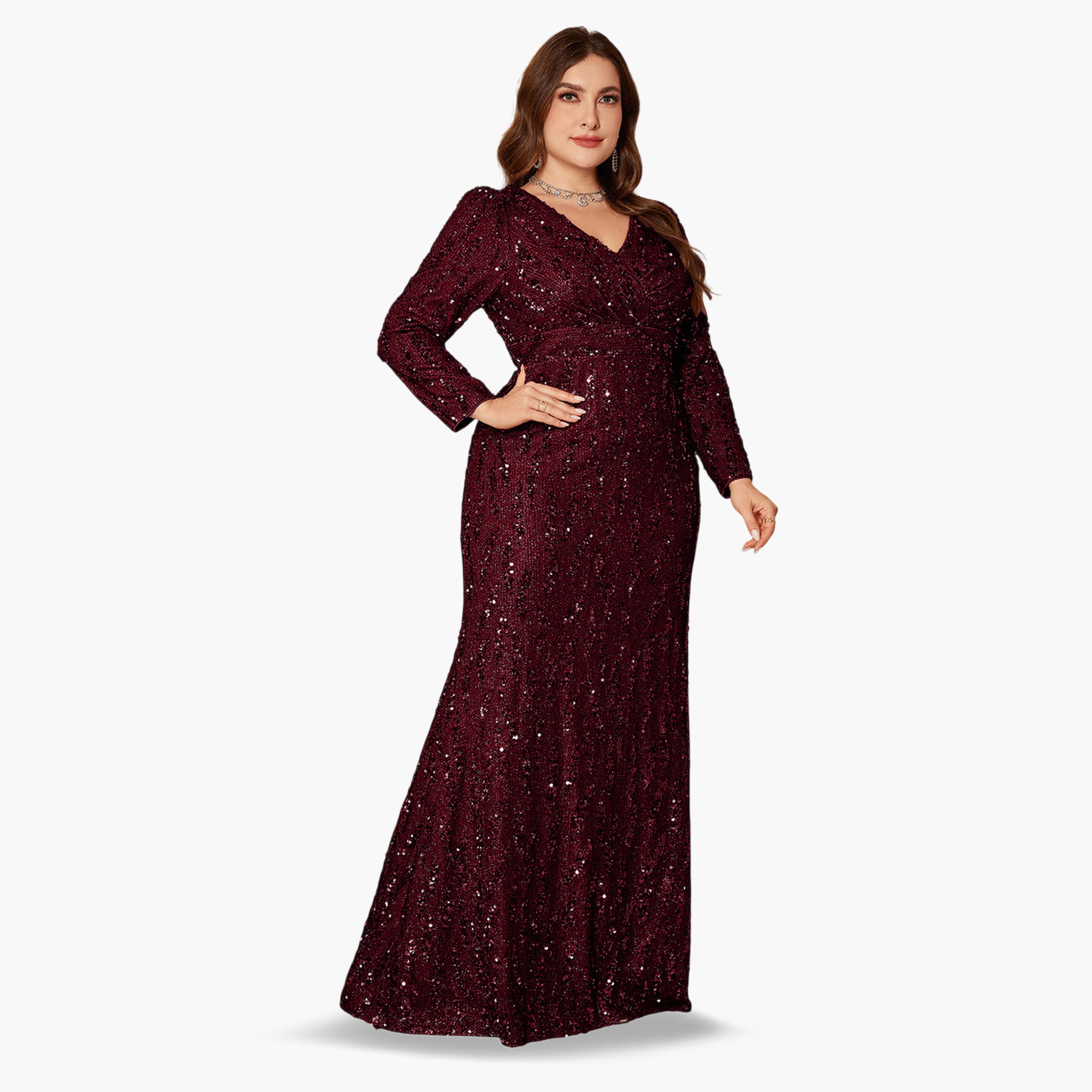UNITHORSE X Styli Plus Size Burgundy Sequin Long Sleeves A-Line Maxi Dress-women-clothing-dresses-image-3