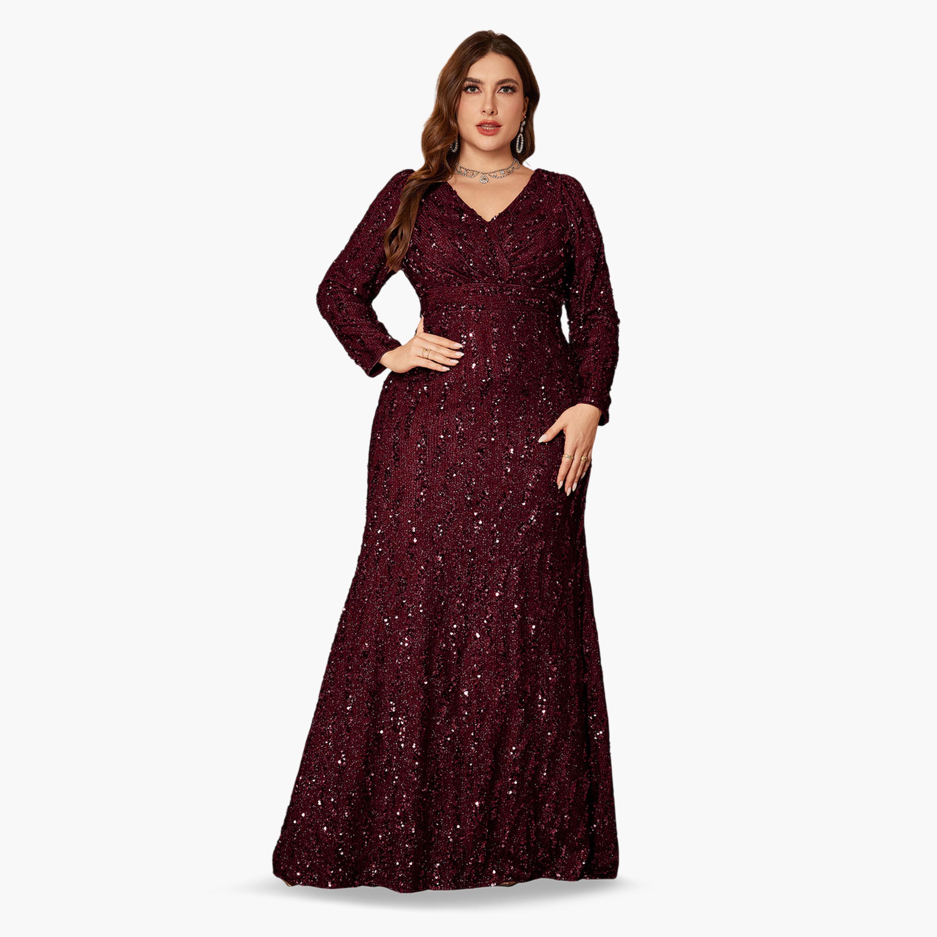 UNITHORSE X Styli Plus Size Burgundy Sequin Long Sleeves A-Line Maxi Dress-women-clothing-dresses-image-4