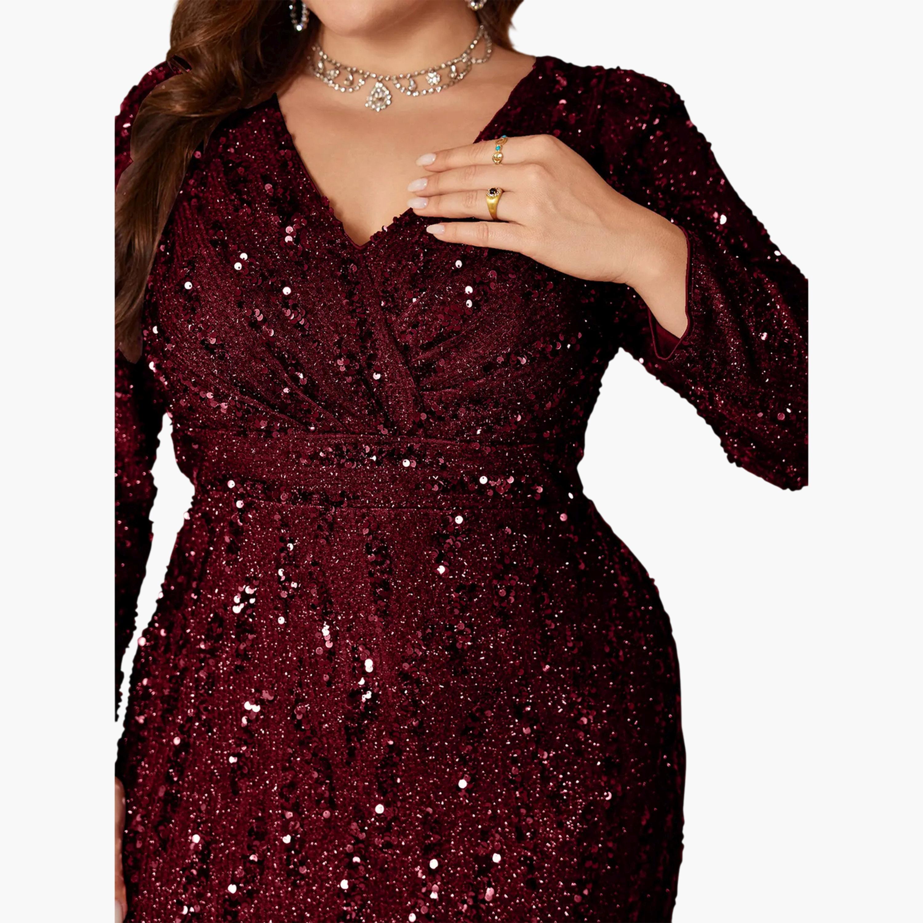 UNITHORSE X Styli Plus Size Burgundy Sequin Long Sleeves A-Line Maxi Dress-women-clothing-dresses-image-5