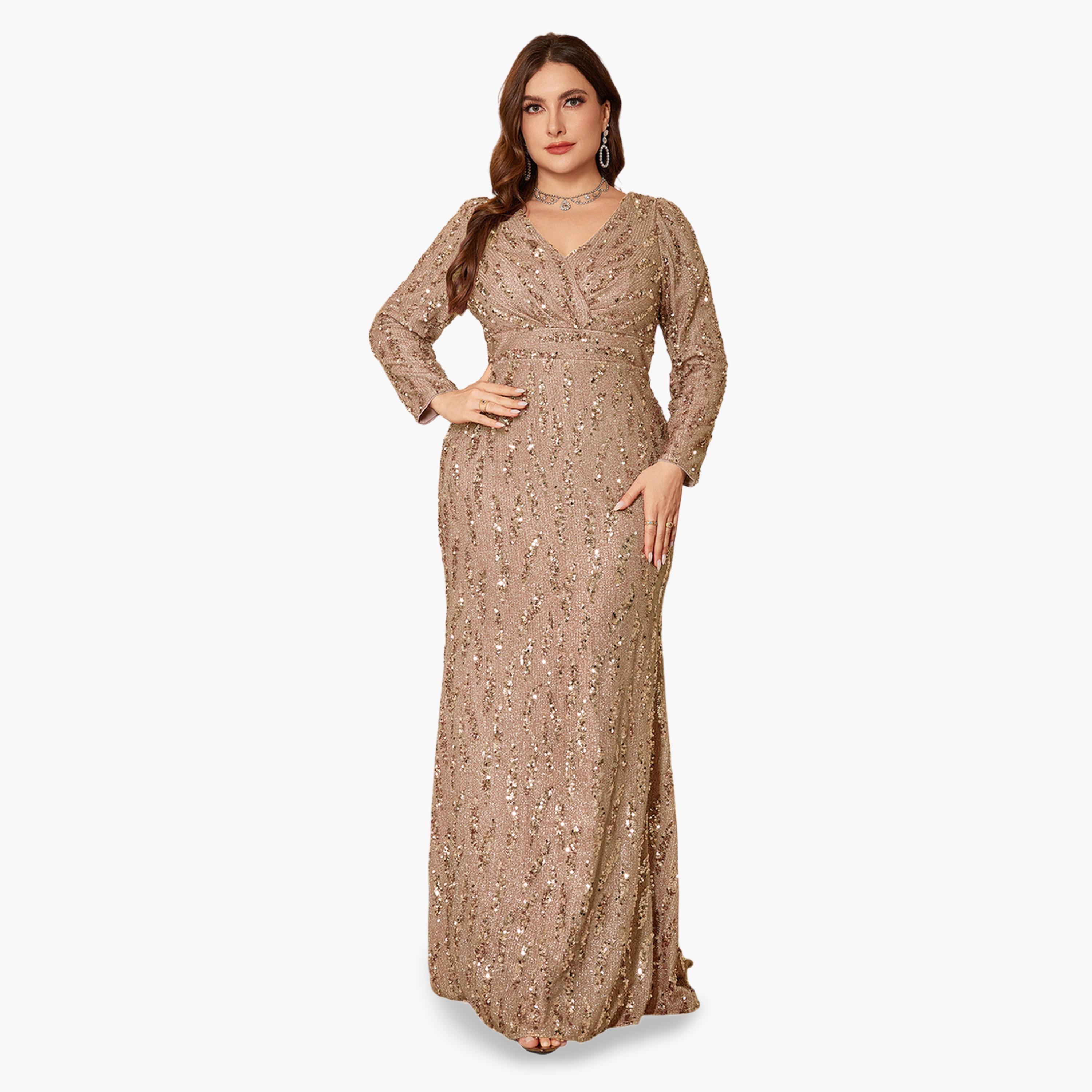 UNITHORSE X Styli Beige Sequin A-Line Maxi Dress for Plus and Curvy-women-clothing-dresses-image-1