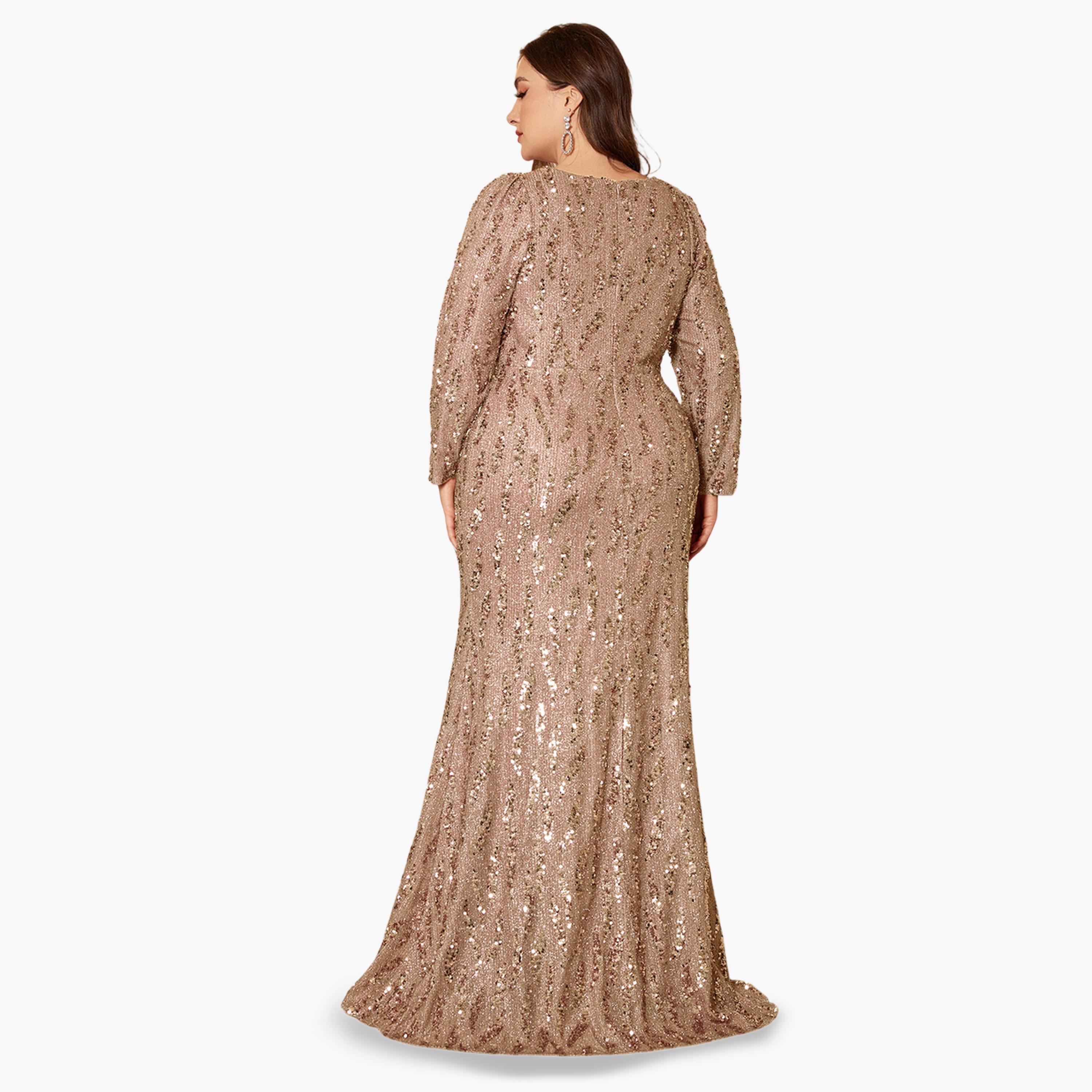 UNITHORSE X Styli Beige Sequin A-Line Maxi Dress for Plus and Curvy-women-clothing-dresses-image-2