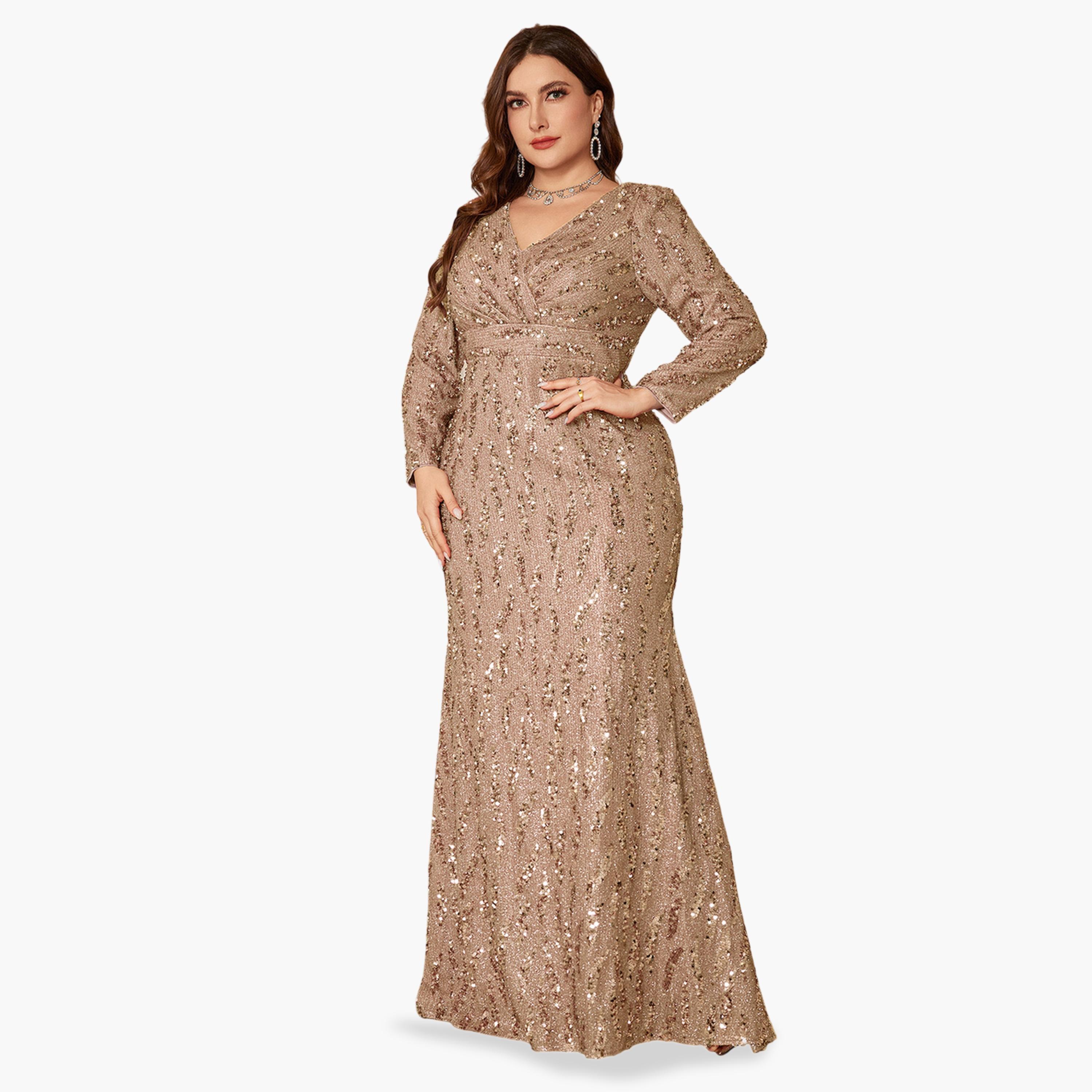 UNITHORSE X Styli Beige Sequin A-Line Maxi Dress for Plus and Curvy-women-clothing-dresses-image-3