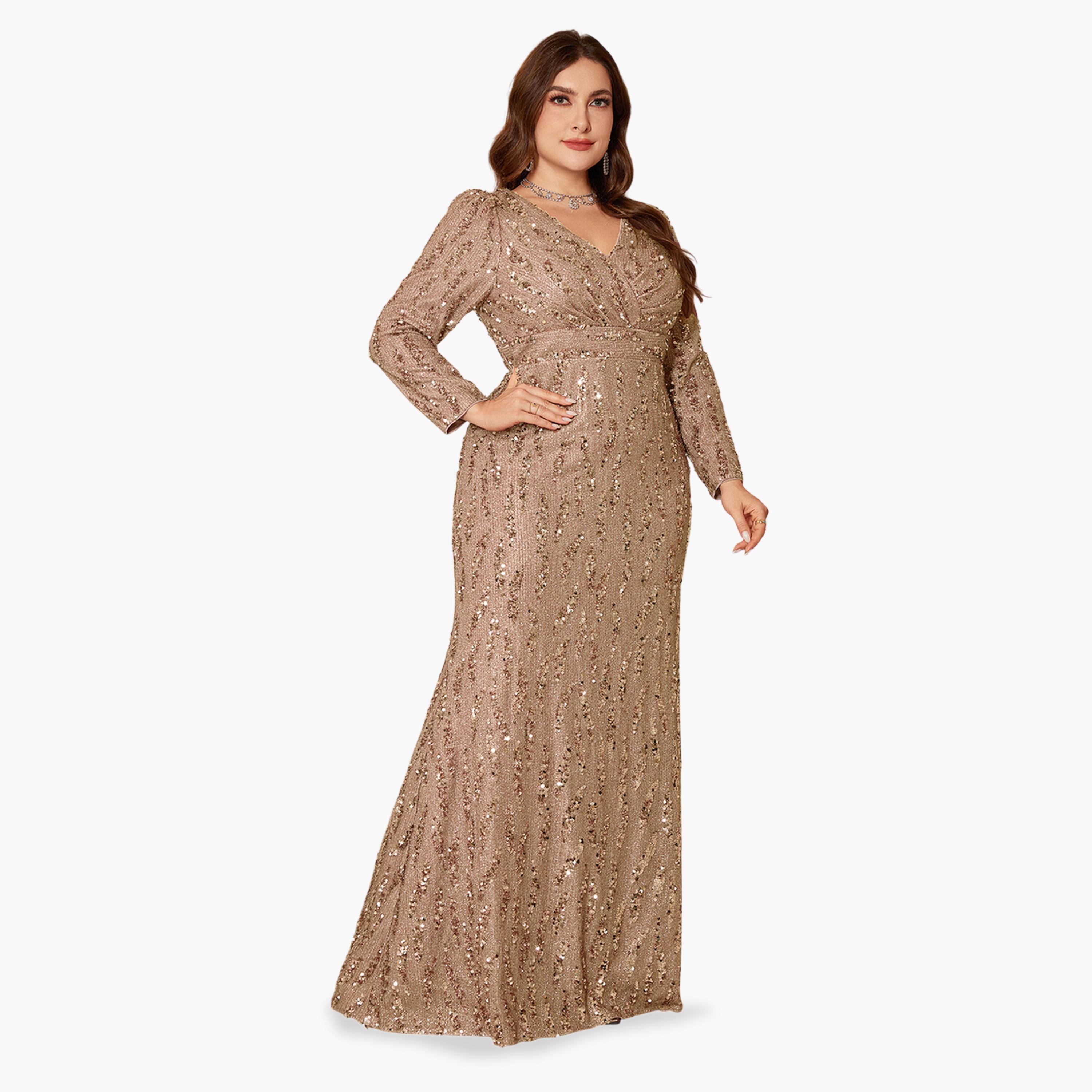 UNITHORSE X Styli Beige Sequin A-Line Maxi Dress for Plus and Curvy-women-clothing-dresses-image-4