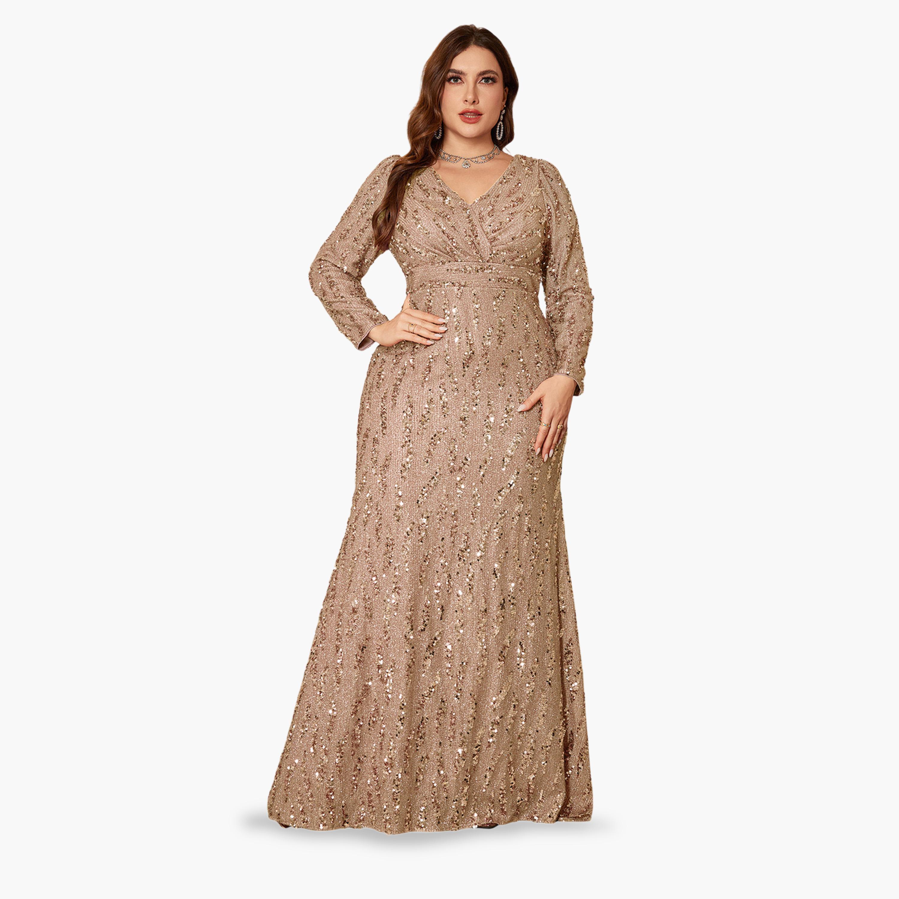 UNITHORSE X Styli Beige Sequin A-Line Maxi Dress for Plus and Curvy-women-clothing-dresses-image-5