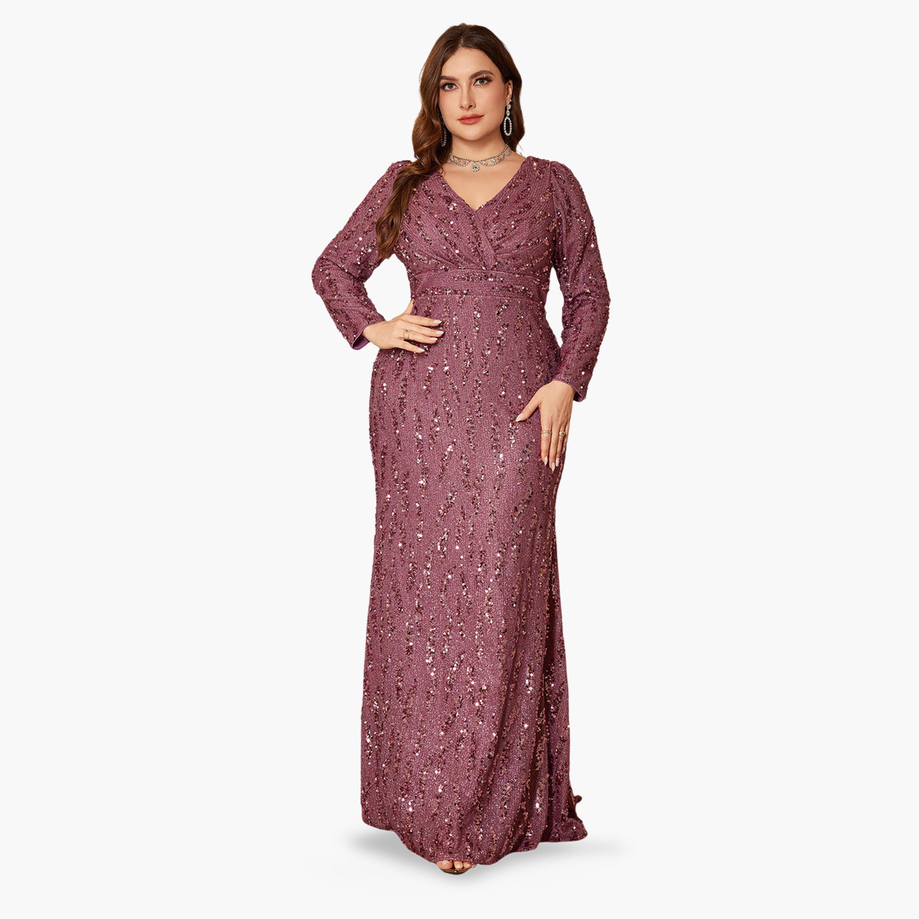 UNITHORSE X Styli Magenta Sequin A-Line Maxi Dress for Plus Sizes-women-clothing-dresses-image-1