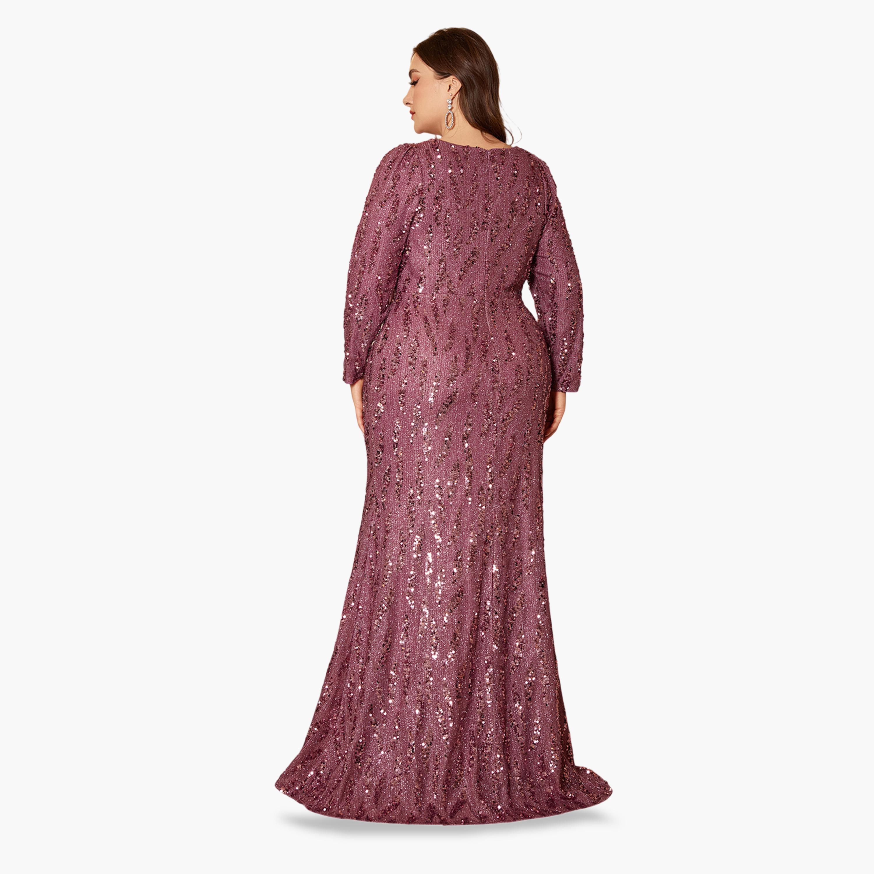 UNITHORSE X Styli Magenta Sequin A-Line Maxi Dress for Plus Sizes-women-clothing-dresses-image-2