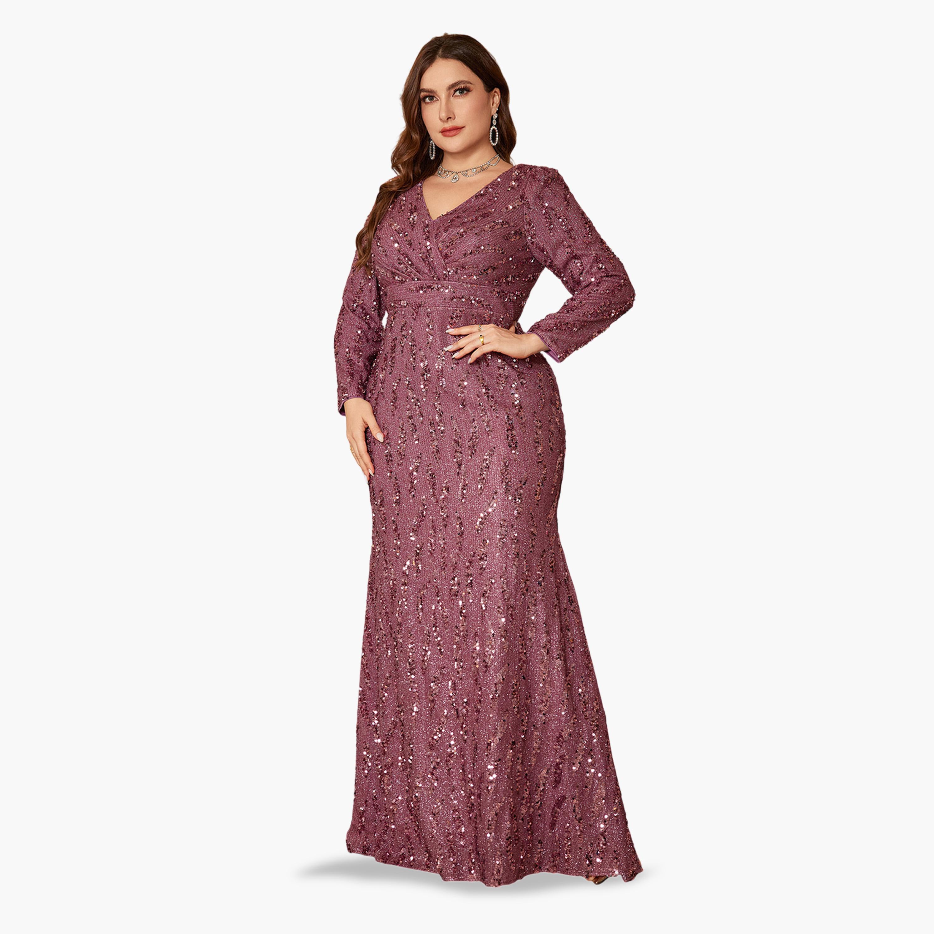 UNITHORSE X Styli Magenta Sequin A-Line Maxi Dress for Plus Sizes-women-clothing-dresses-image-3