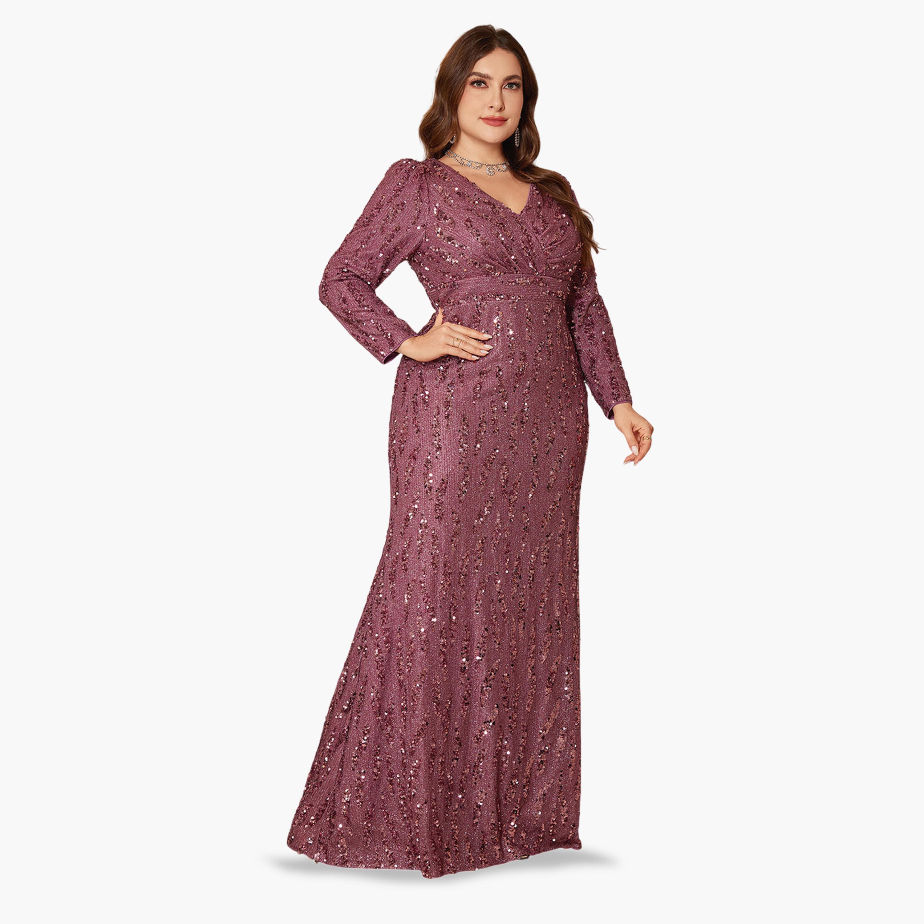 UNITHORSE X Styli Magenta Sequin A-Line Maxi Dress for Plus Sizes-women-clothing-dresses-image-4