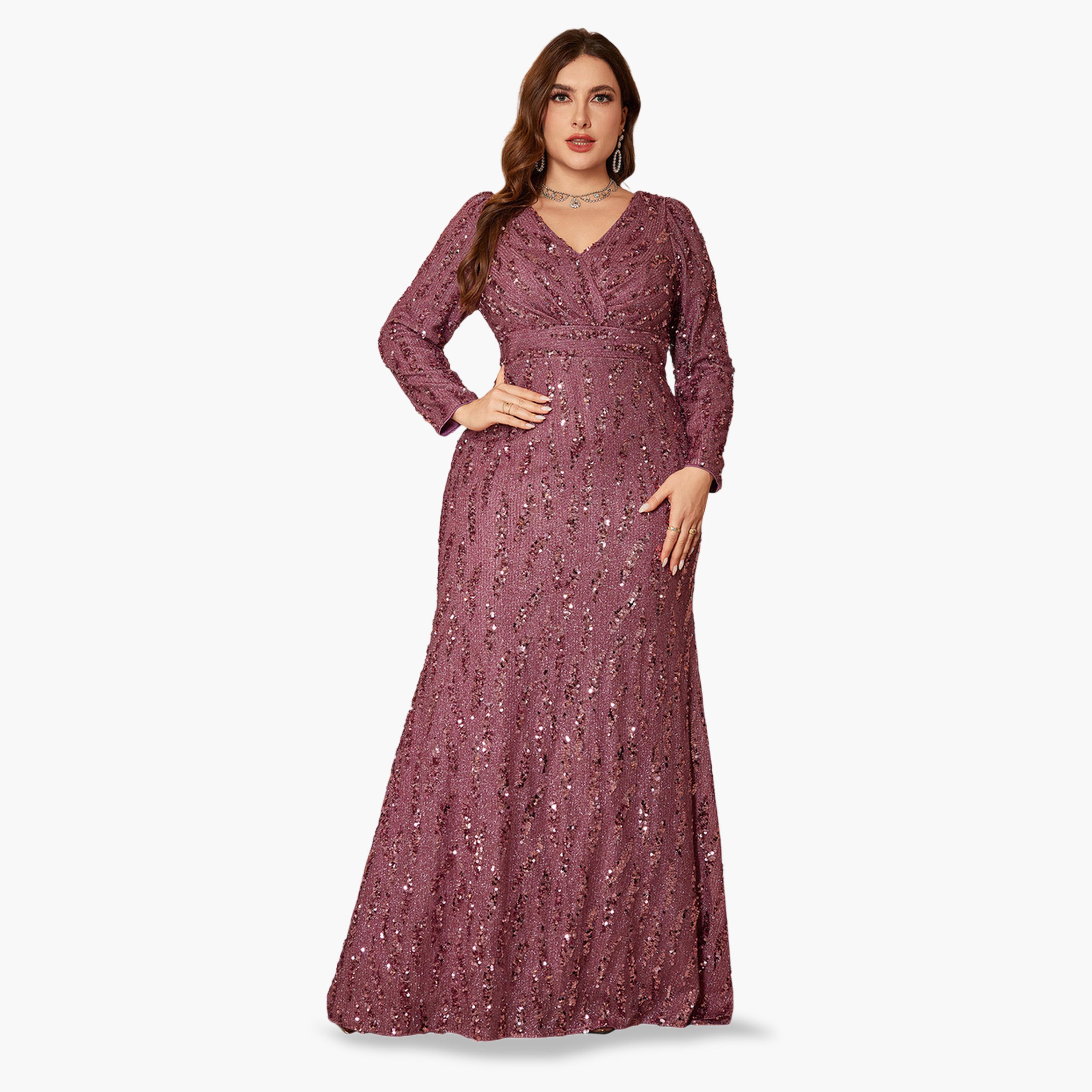 UNITHORSE X Styli Magenta Sequin A-Line Maxi Dress for Plus Sizes-women-clothing-dresses-image-5