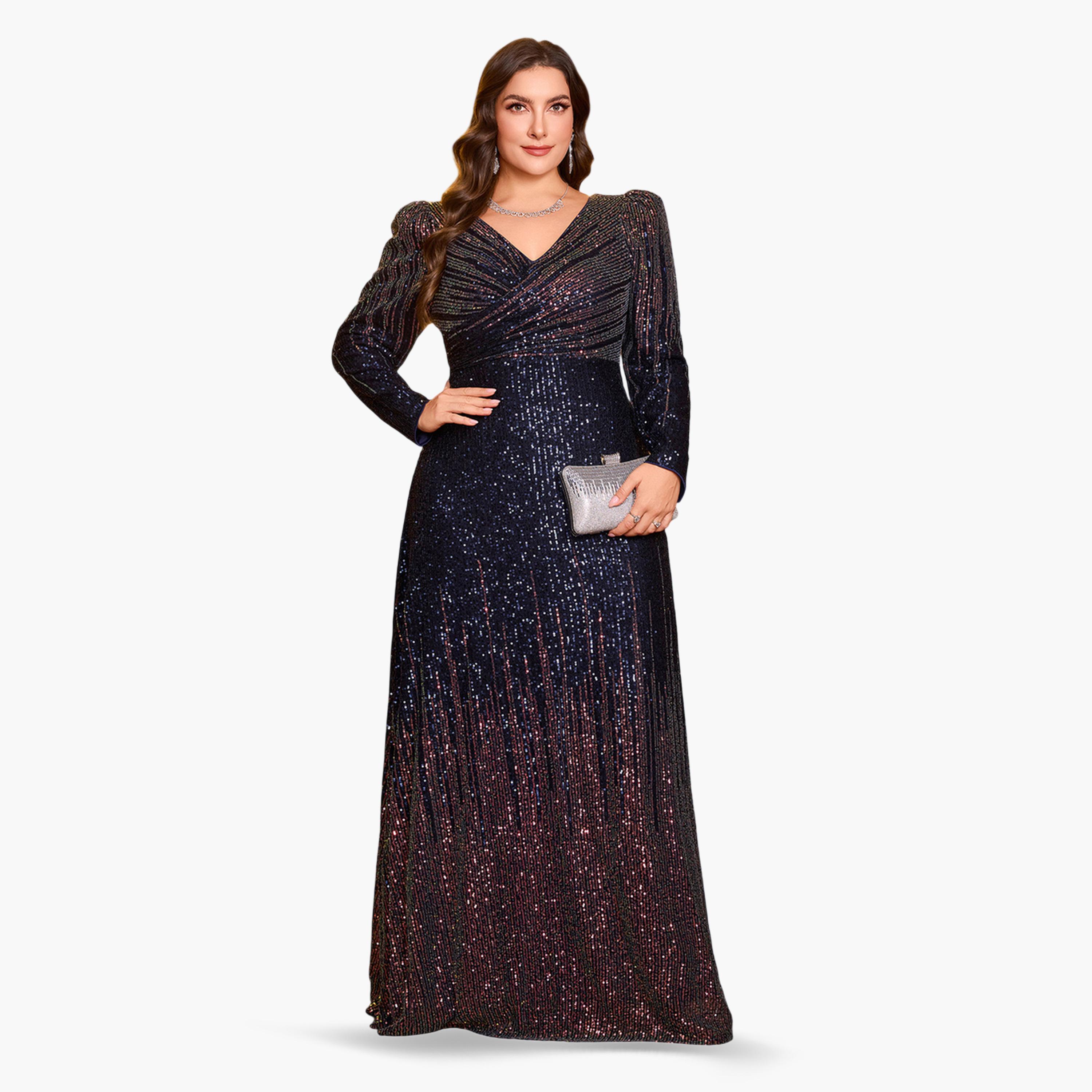 UNITHORSE X Styli Plus Size Navy Blue Sequin A-Line Maxi Dress-women-clothing-dresses-image-1