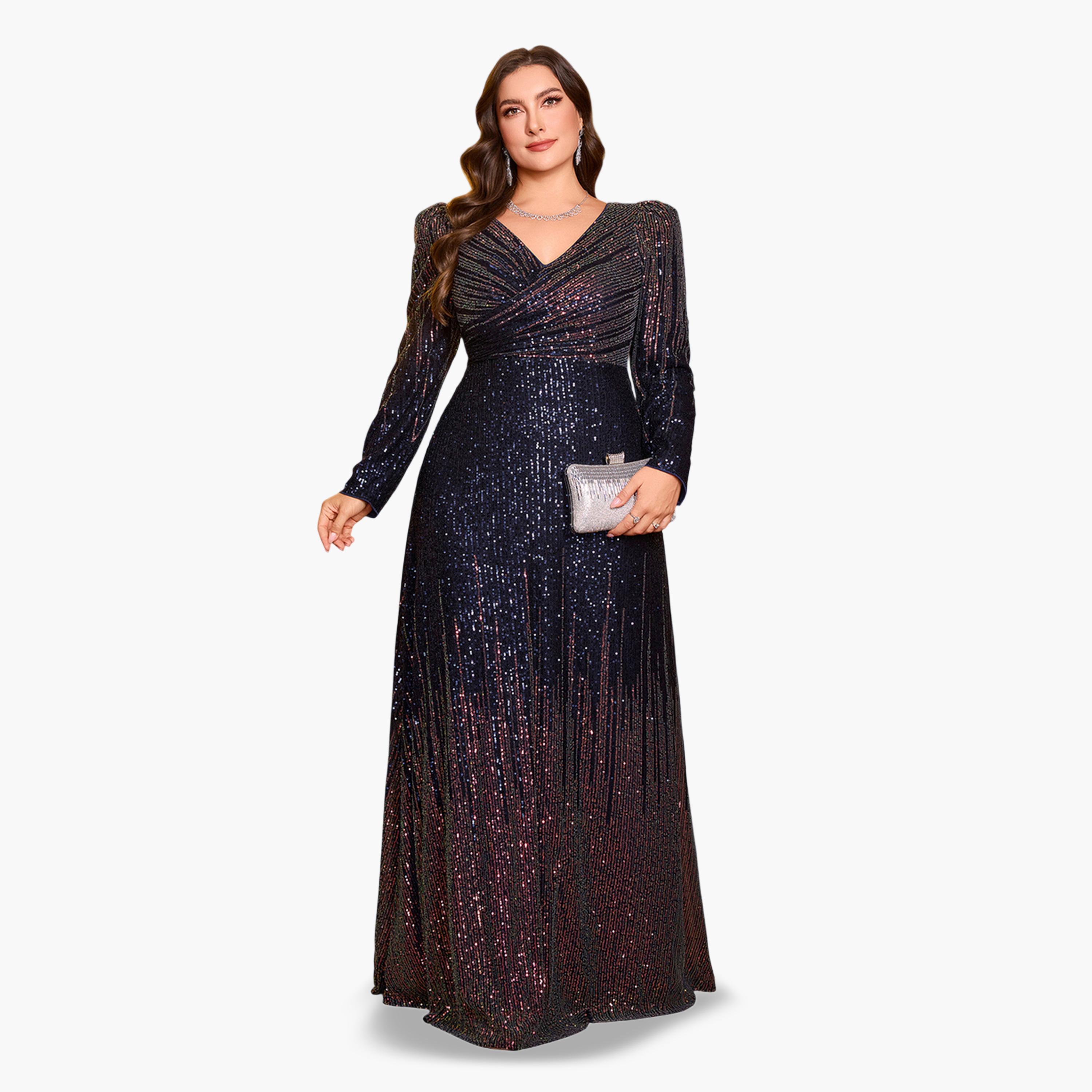 UNITHORSE X Styli Plus Size Navy Blue Sequin A-Line Maxi Dress-women-clothing-dresses-image-3