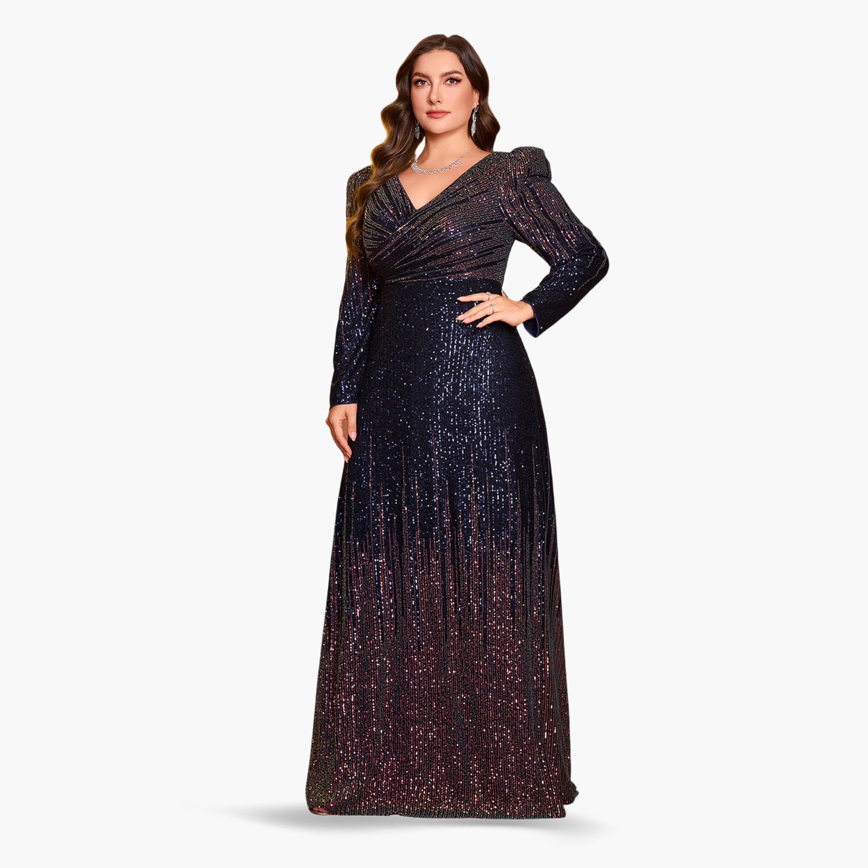 UNITHORSE X Styli Plus Size Navy Blue Sequin A-Line Maxi Dress-women-clothing-dresses-image-4