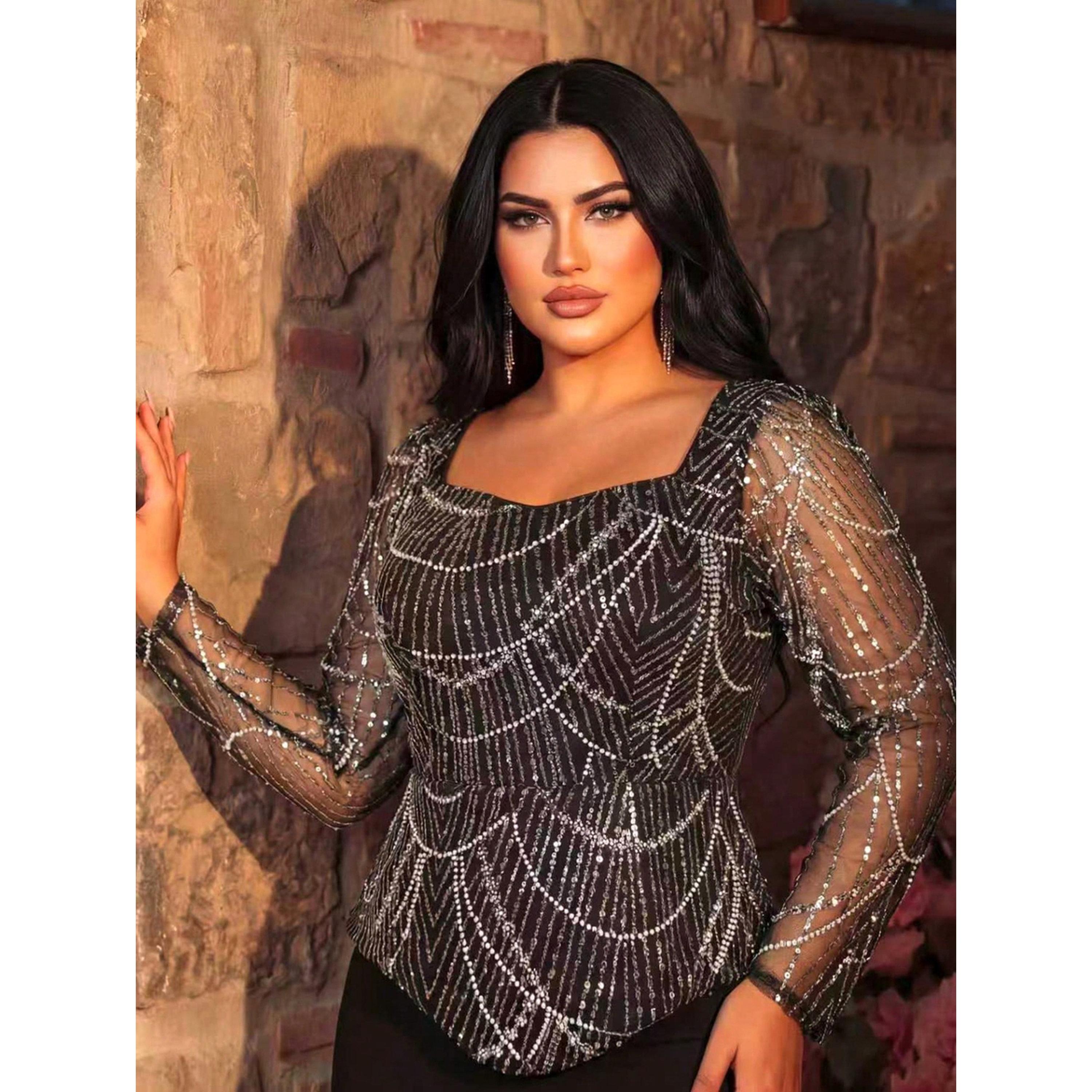 فستان طويل بمقاس كبير مطرز بالخرز والترتر-women-clothing-dresses-image-5