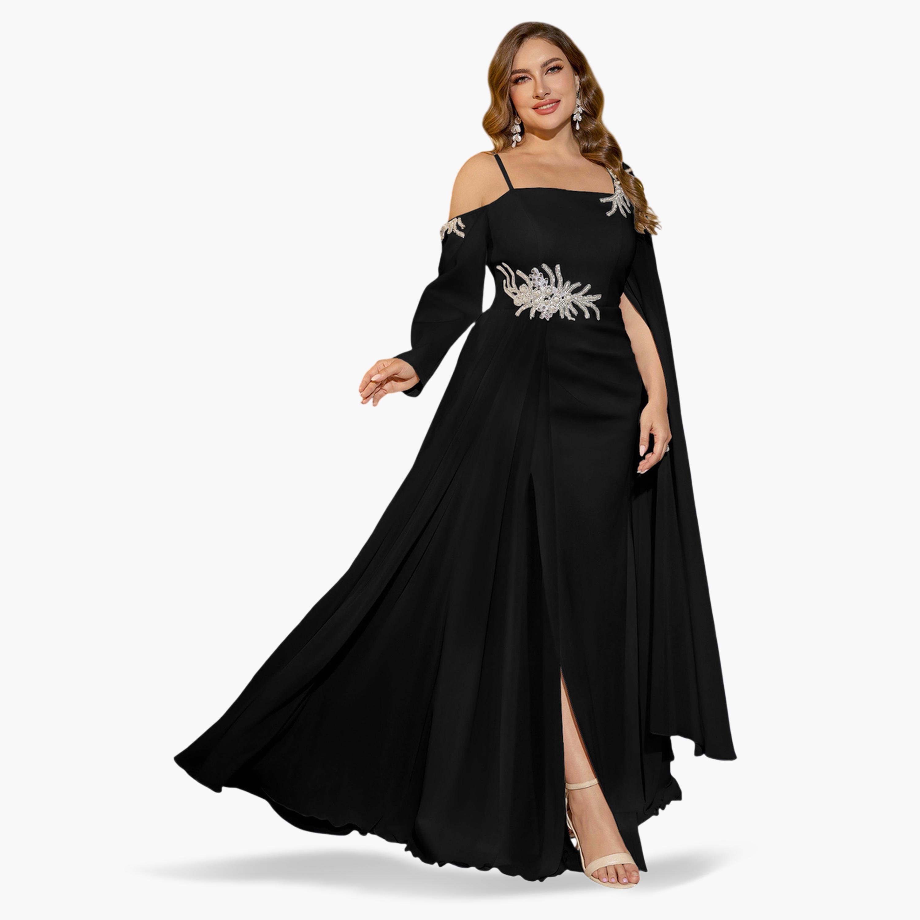 UNITHORSE X Styli Plus Size Black Beads Embroidered A-Line Maxi Dress-women-clothing-dresses-image-5