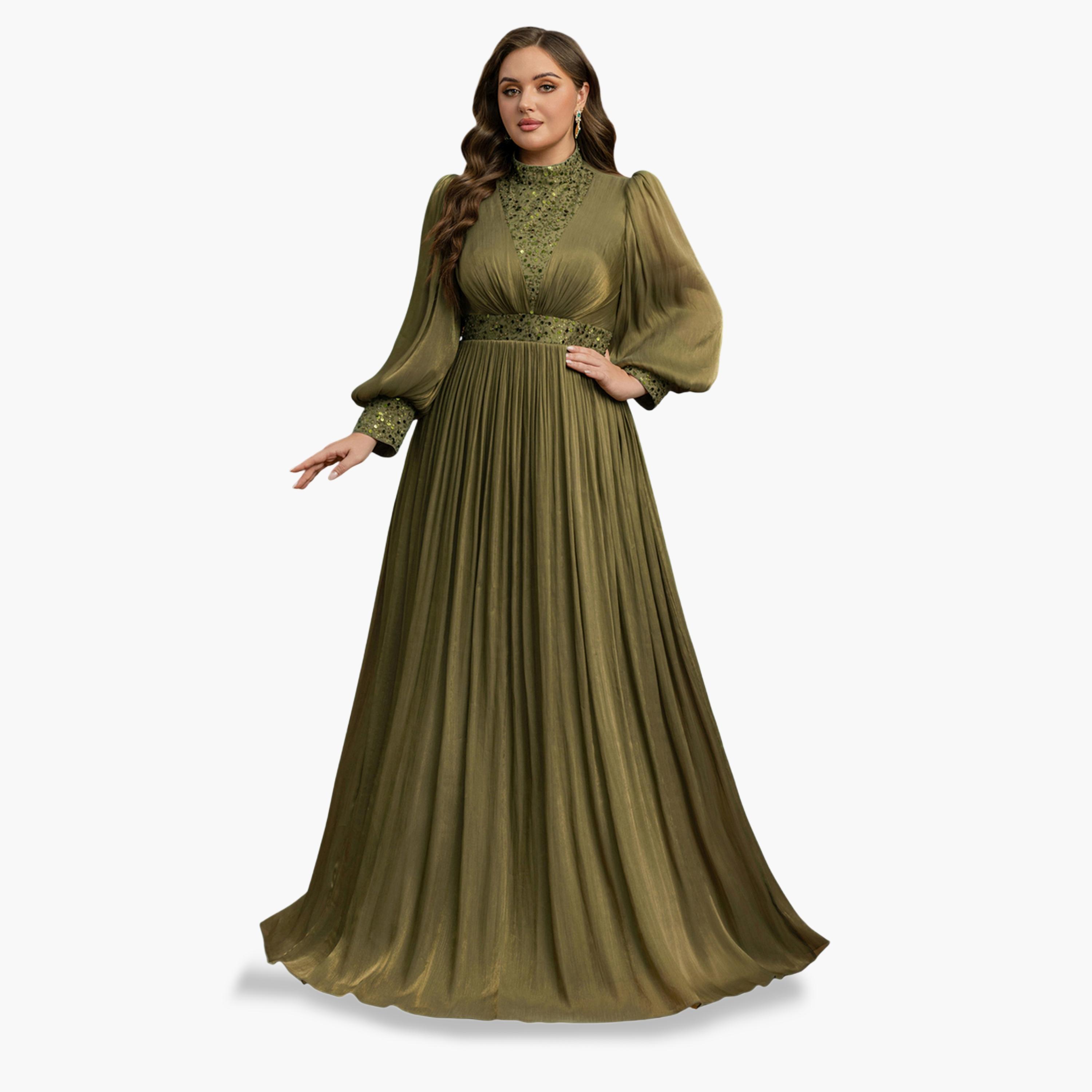 UNITHORSE X Styli Plus Size Olive A-Line Maxi Dress-women-clothing-dresses-image-1