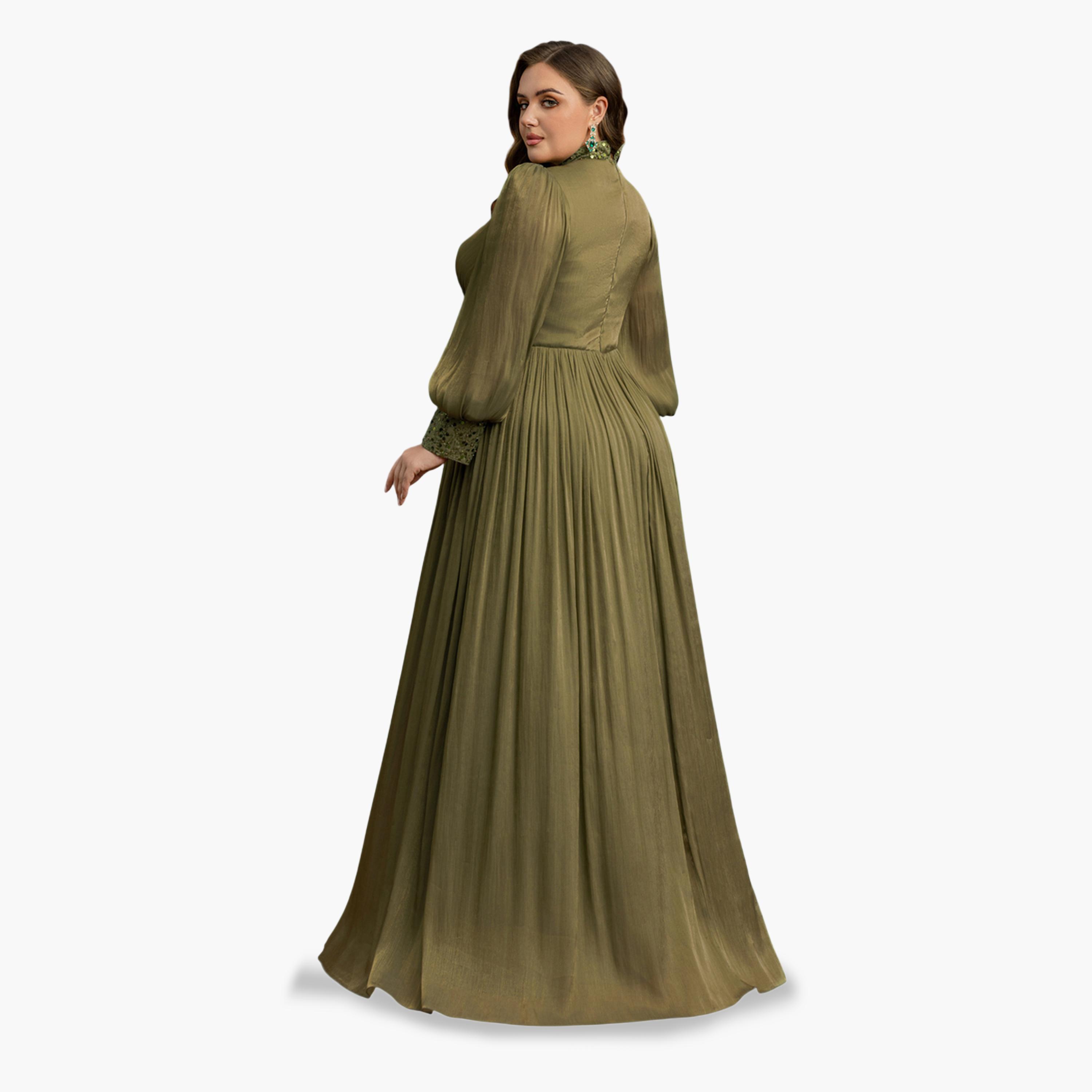 UNITHORSE X Styli Plus Size Olive A-Line Maxi Dress-women-clothing-dresses-image-2