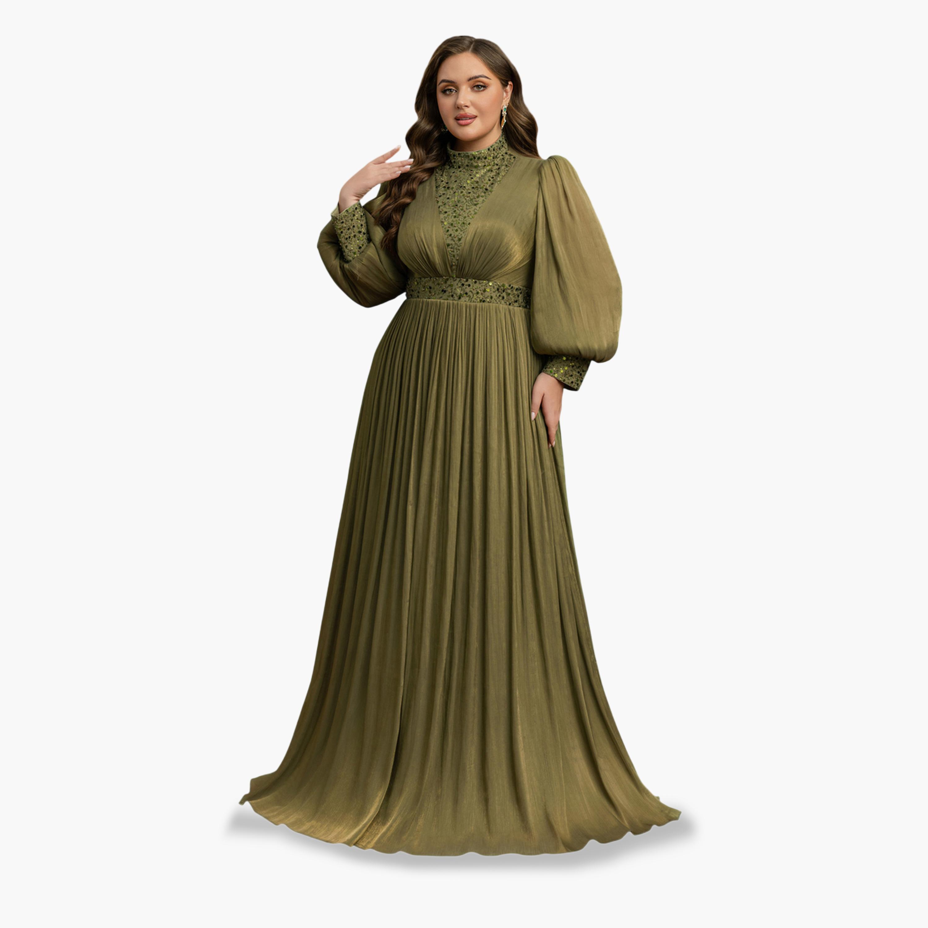 UNITHORSE X Styli Plus Size Olive A-Line Maxi Dress-women-clothing-dresses-image-3