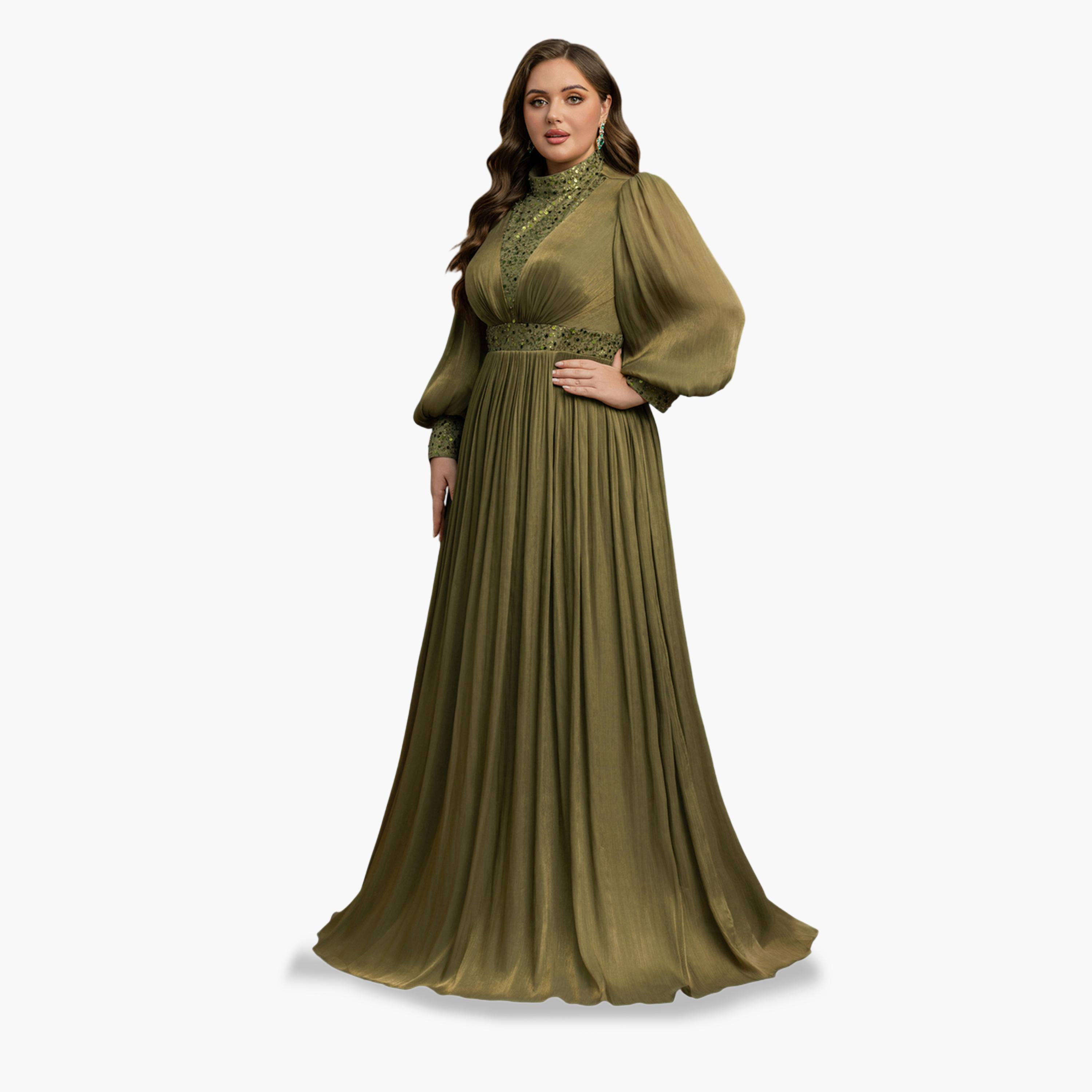 فستان طويل مقاس كبير بحافة واسعة باللون الزيتي-women-clothing-dresses-image-4