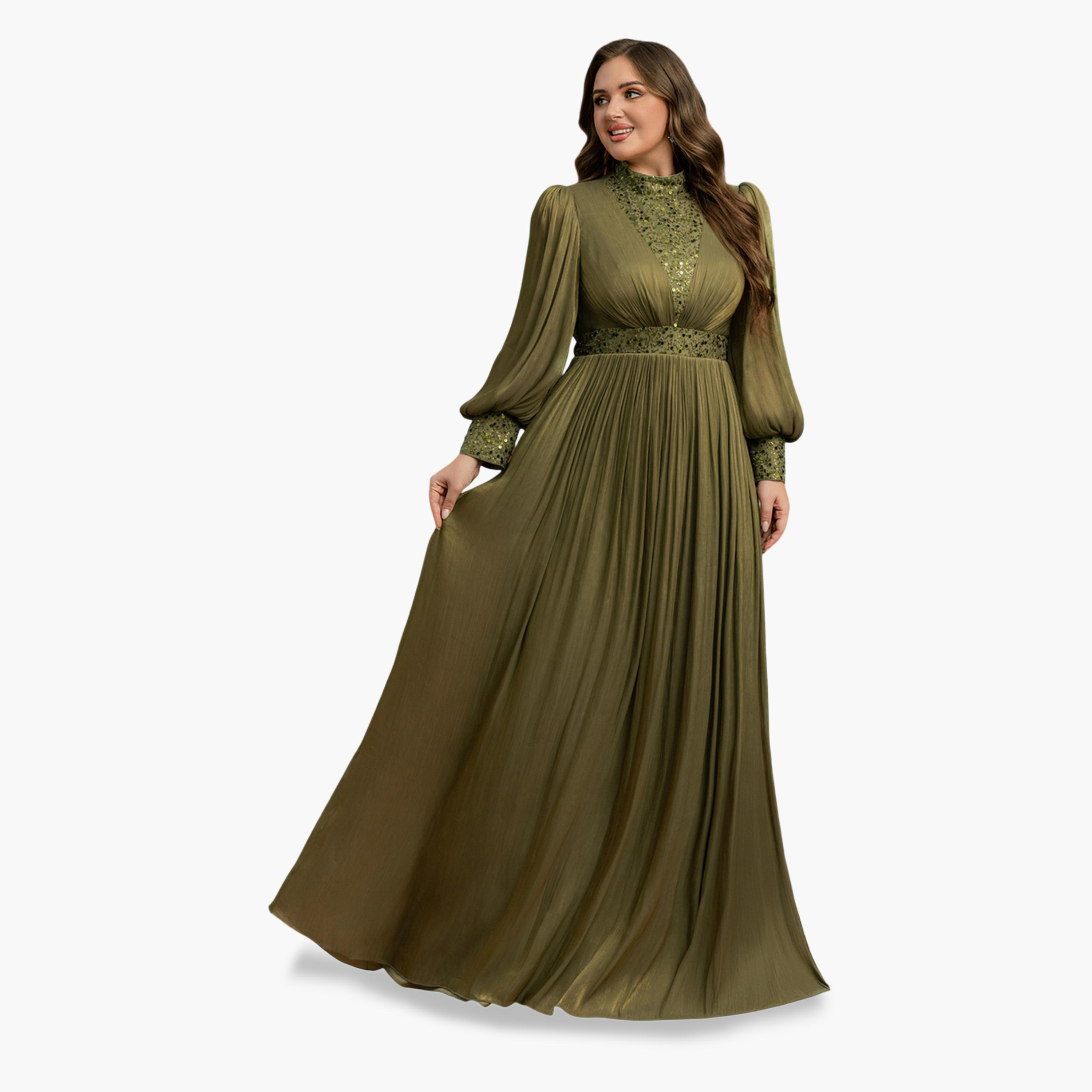 UNITHORSE X Styli Plus Size Olive A-Line Maxi Dress-women-clothing-dresses-image-5