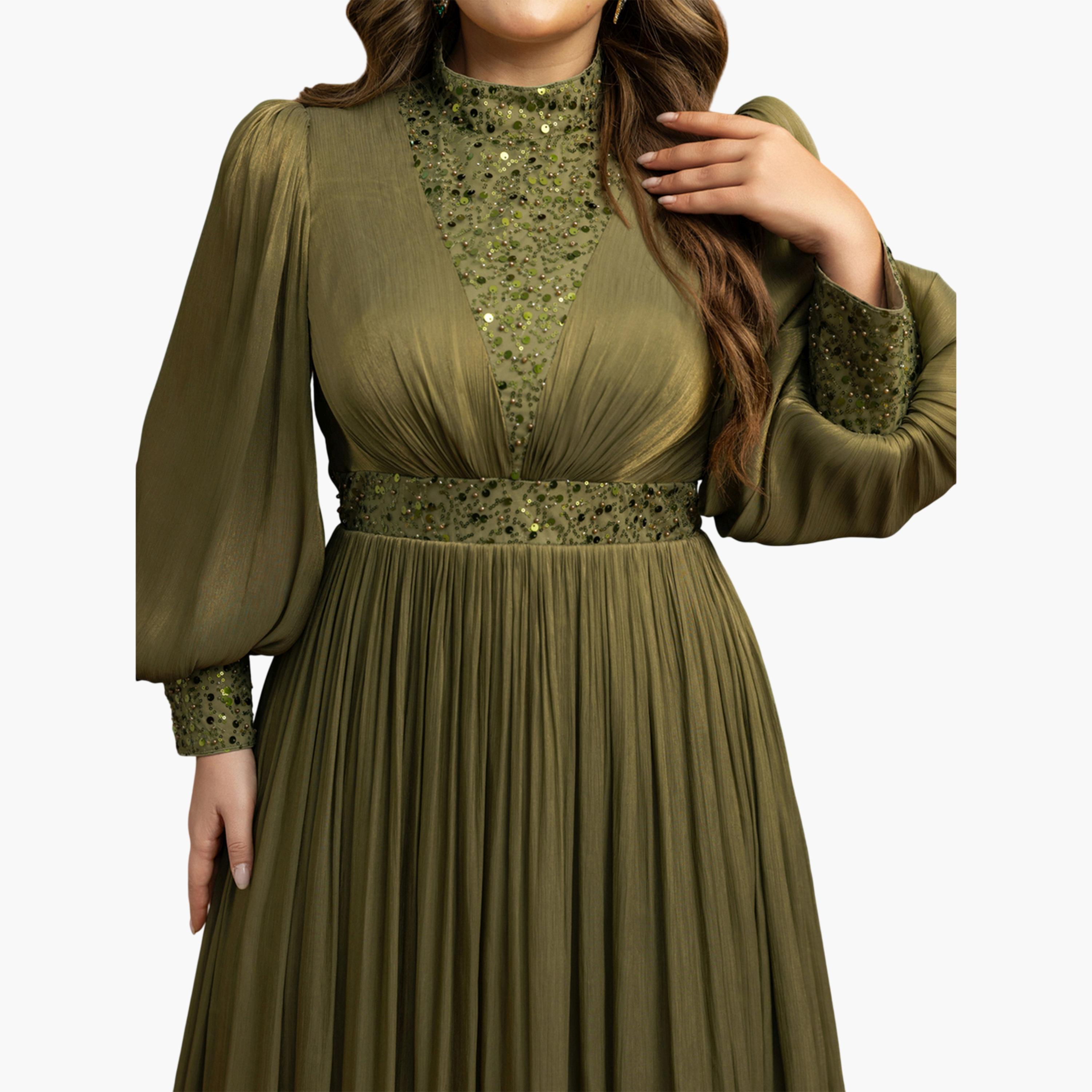 UNITHORSE X Styli Plus Size Olive A-Line Maxi Dress-women-clothing-dresses-image-6