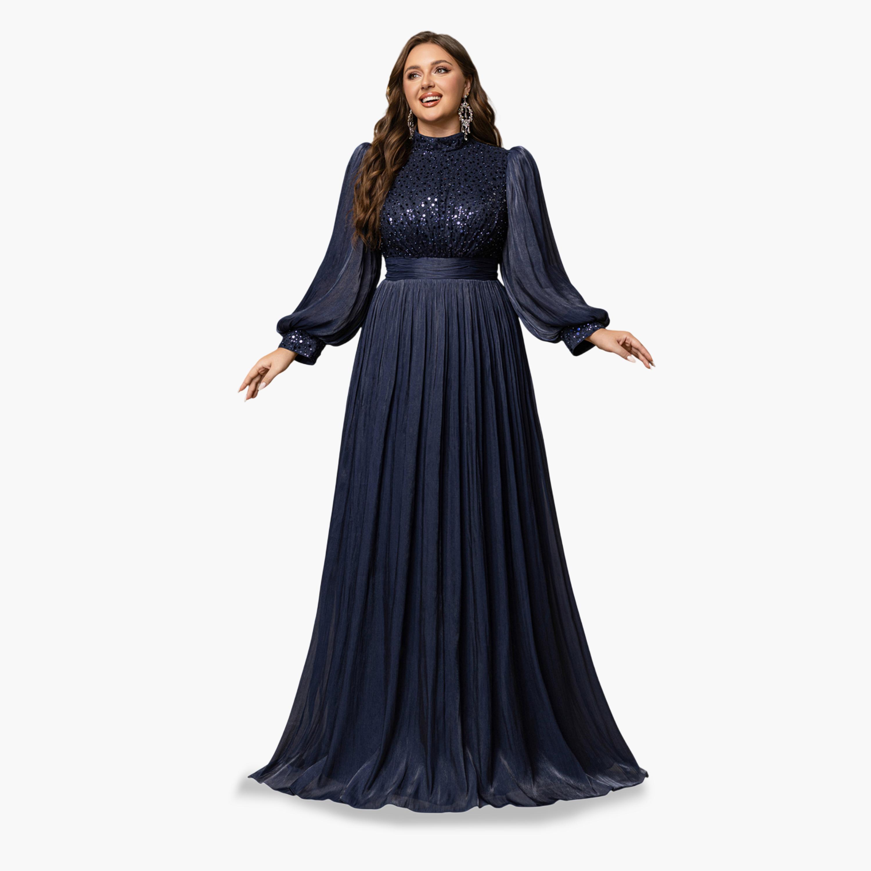 UNITHORSE X Styli Plus Size Navy Blue Sequin A-Line Maxi Dress-women-clothing-dresses-image-2