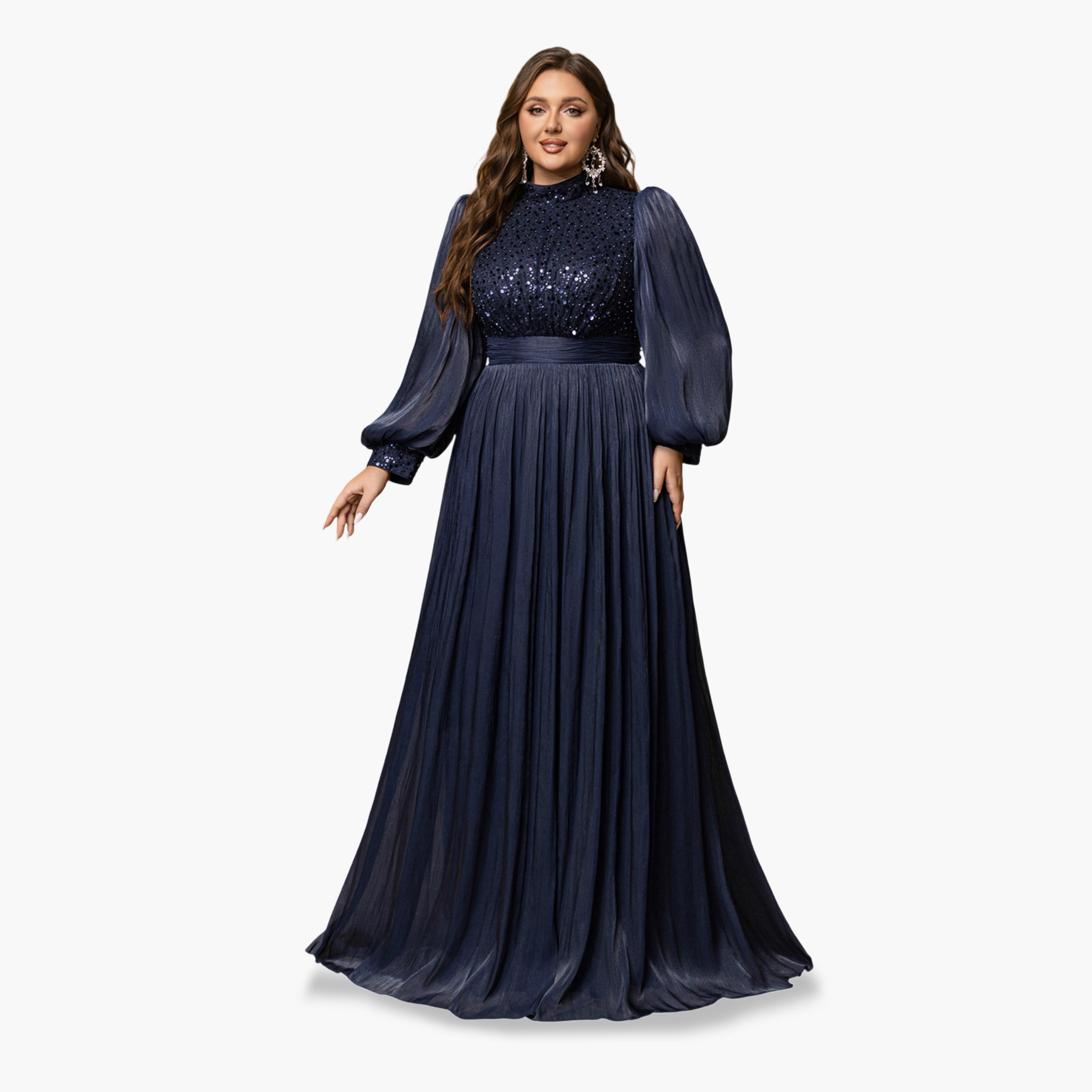 UNITHORSE X Styli Plus Size Navy Blue Sequin A-Line Maxi Dress-women-clothing-dresses-image-3