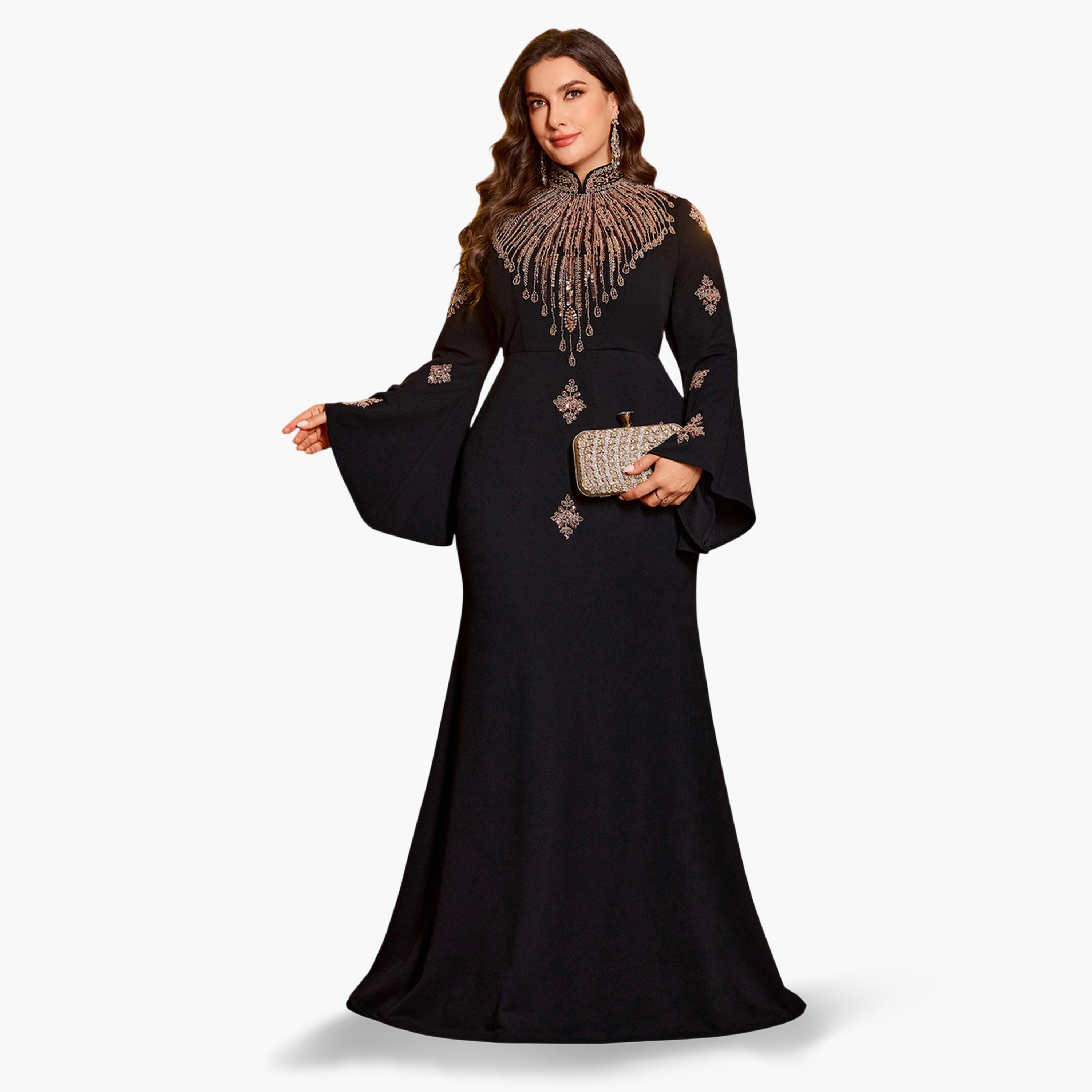 فستان طويل بحافة واسعة ومقاس كبير مطرز-women-clothing-dresses-image-4